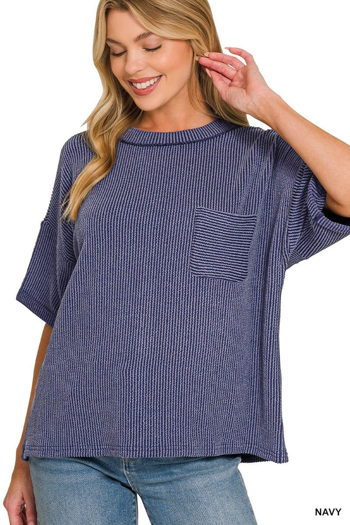 Zenana Raised Rib Short Sleeve Front Pocket Top -