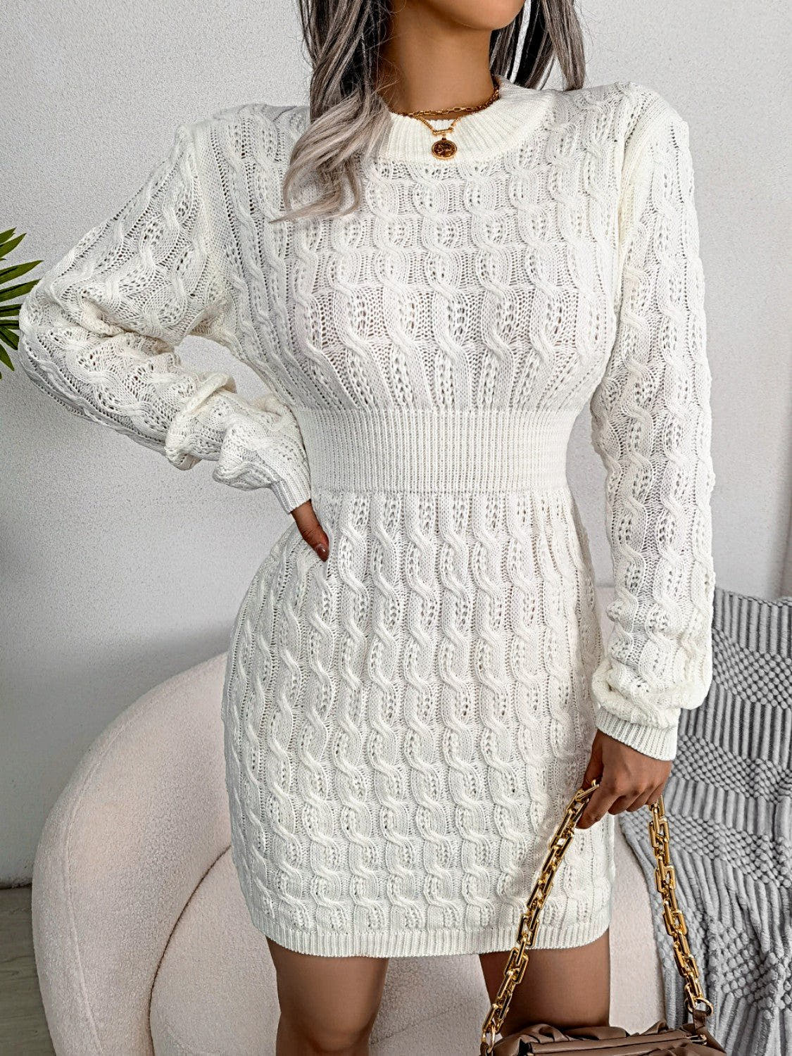 Luxury Cable Knit Sweater Dress with Round Neck and Mini Wrap Design – High-Quality Acrylic Trendsi