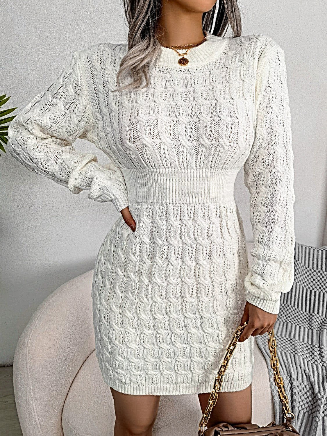 Luxury Cable Knit Sweater Dress with Round Neck and Mini Wrap Design – High-Quality Acrylic -