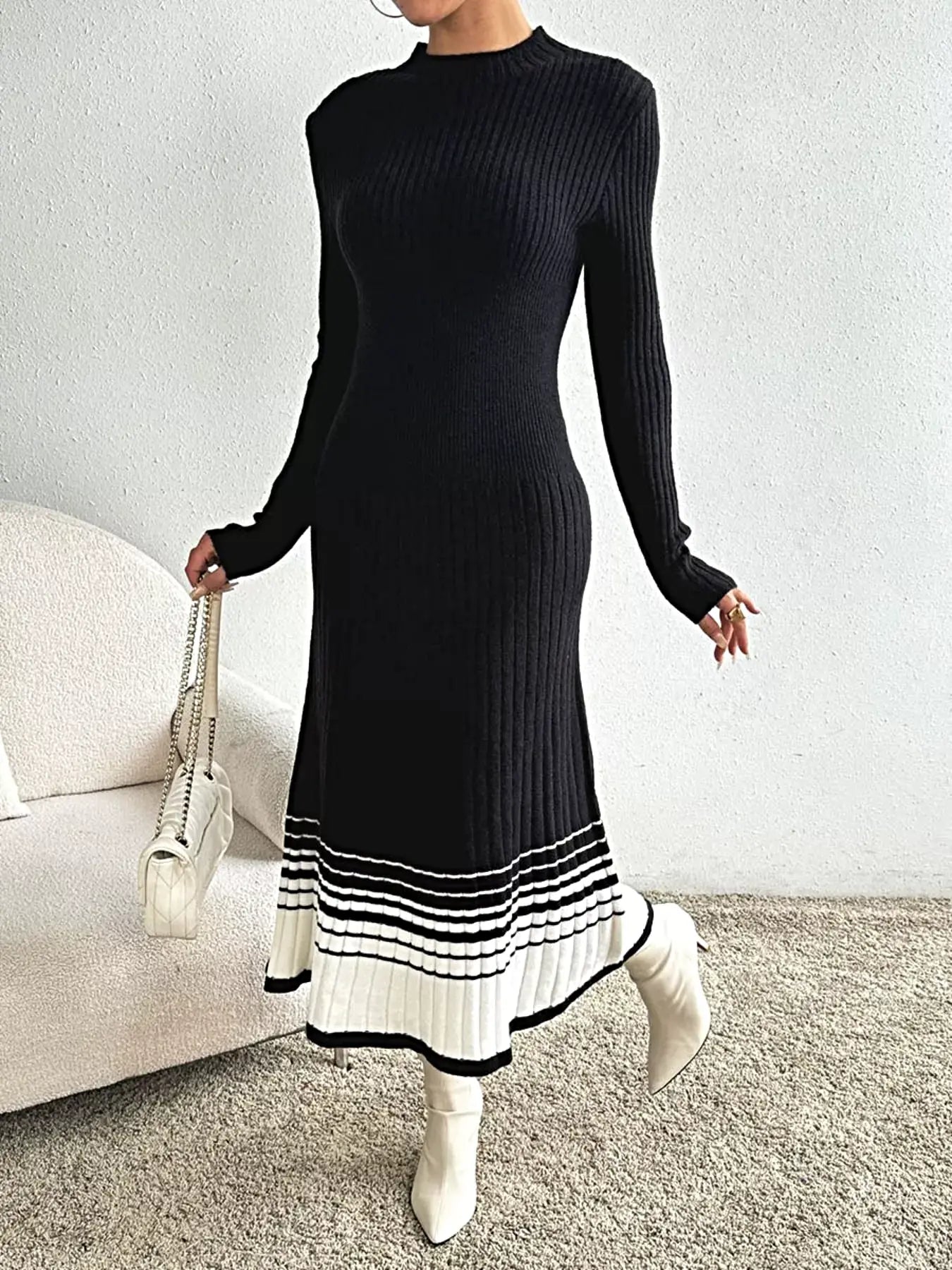 Ribbed Knit Sweater Dress with Striped Hem -