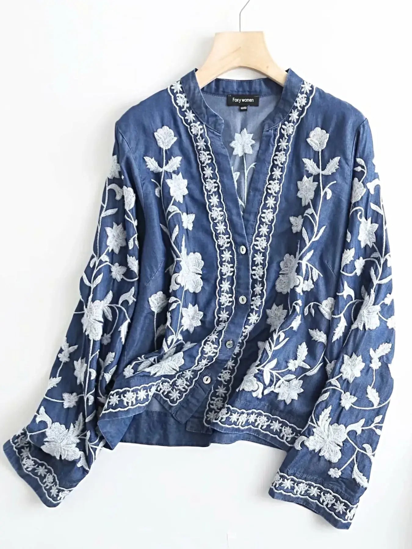 Floral Embroidered Button Up Denim Shirt