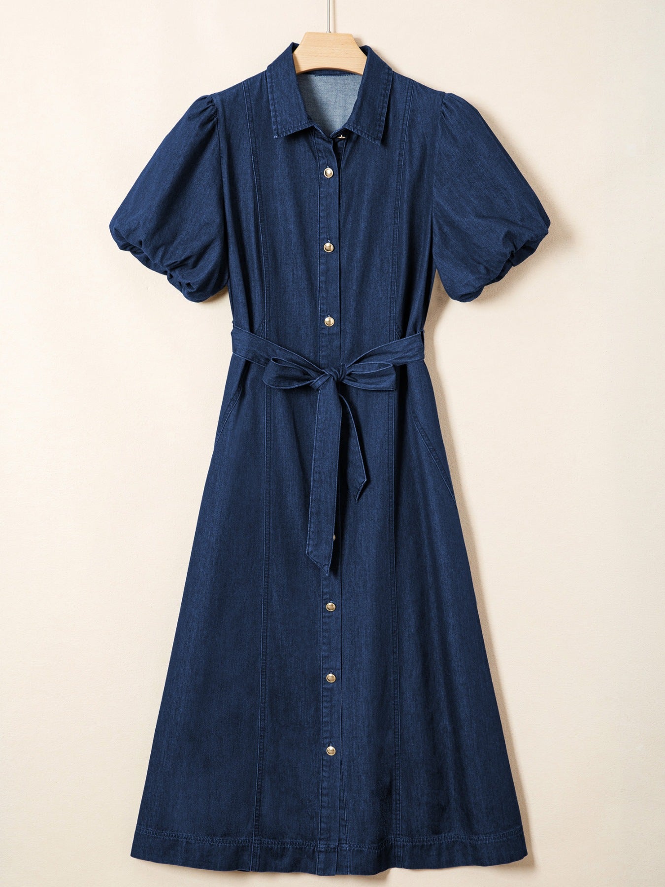 Belted Button-Down Midi Denim Dress -