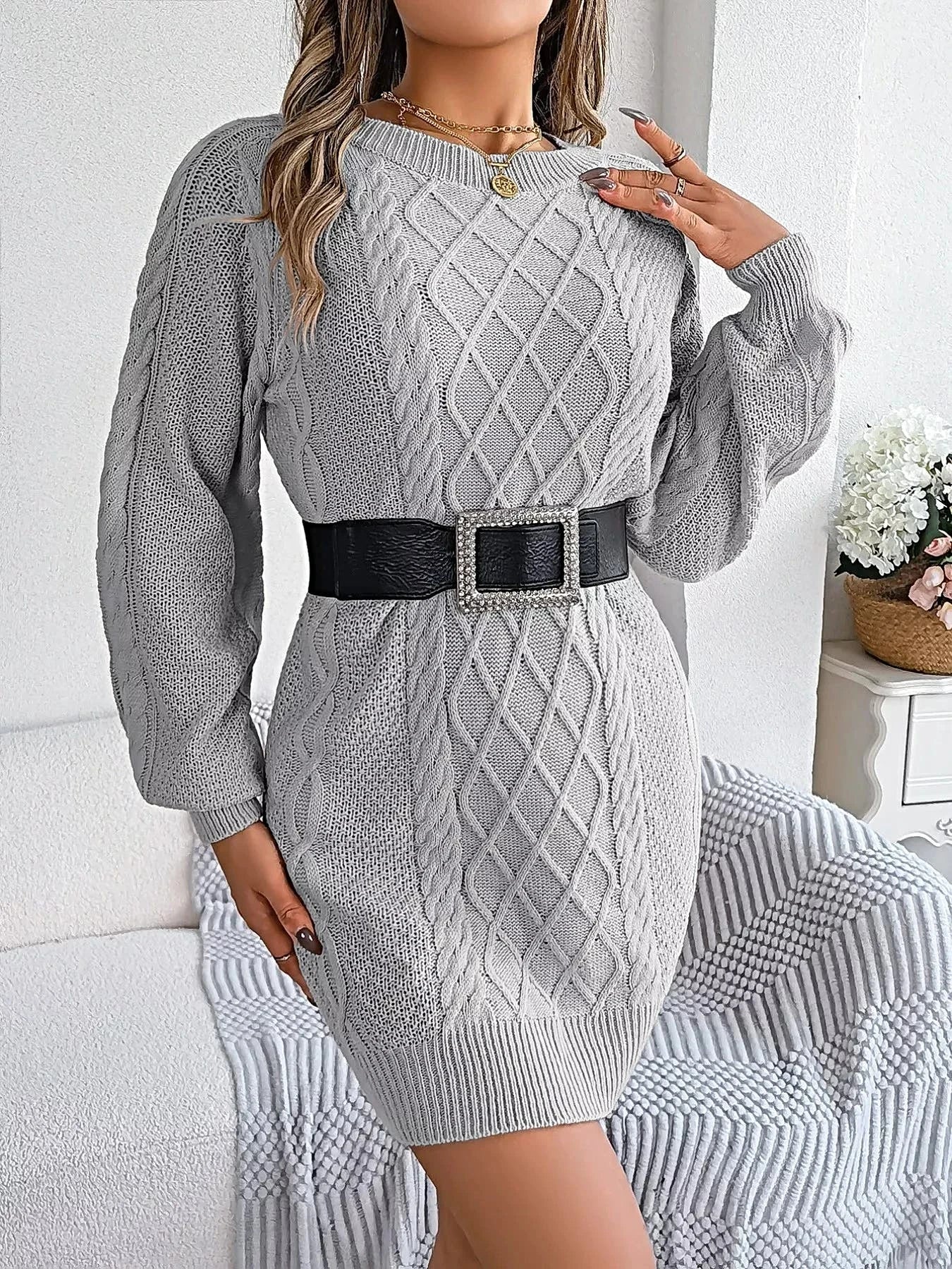 Diamond Cable Knit Sweater Dress with Long Sleeves -