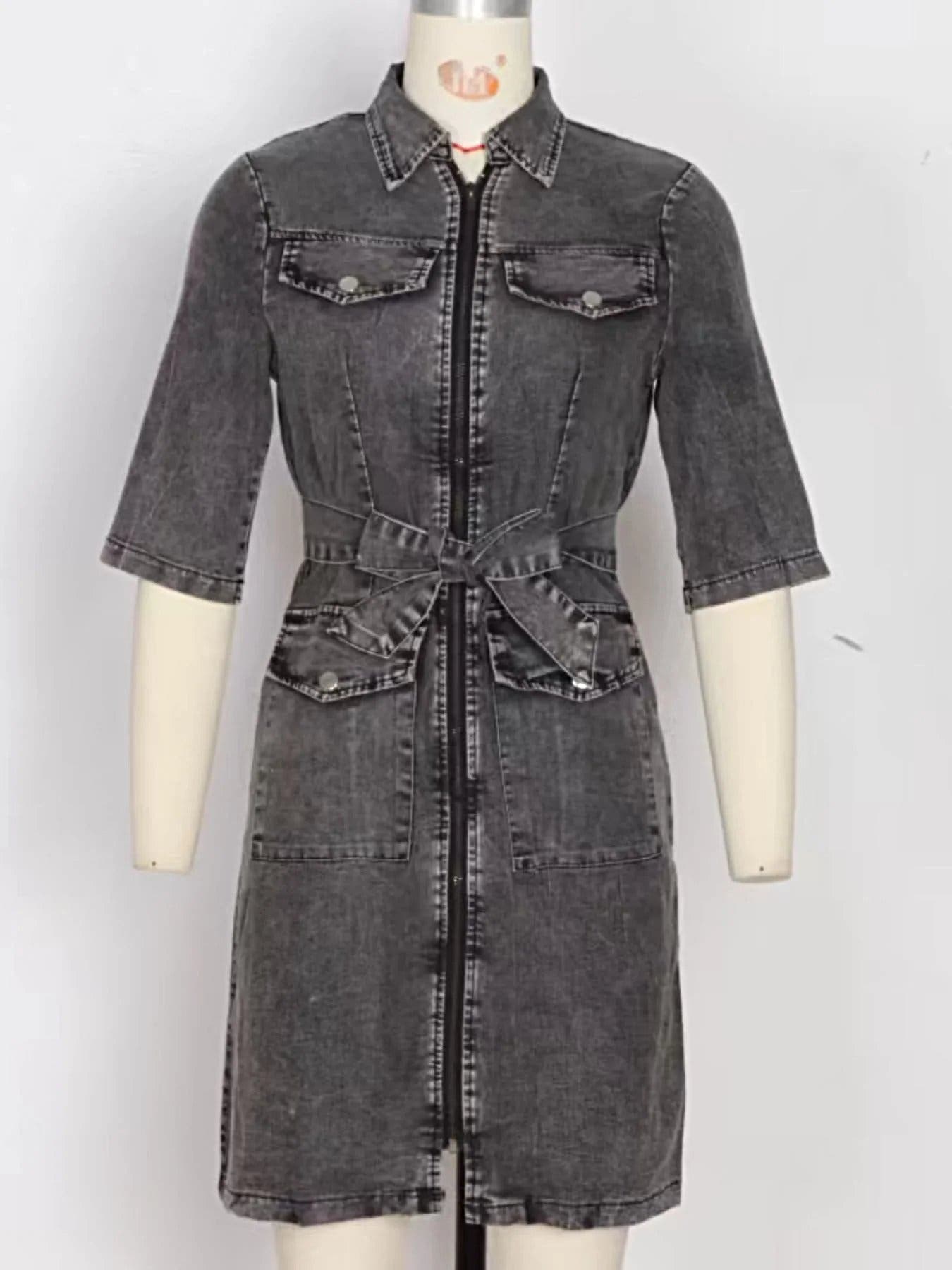 Zipper Front Short Sleeve Denim Dress -