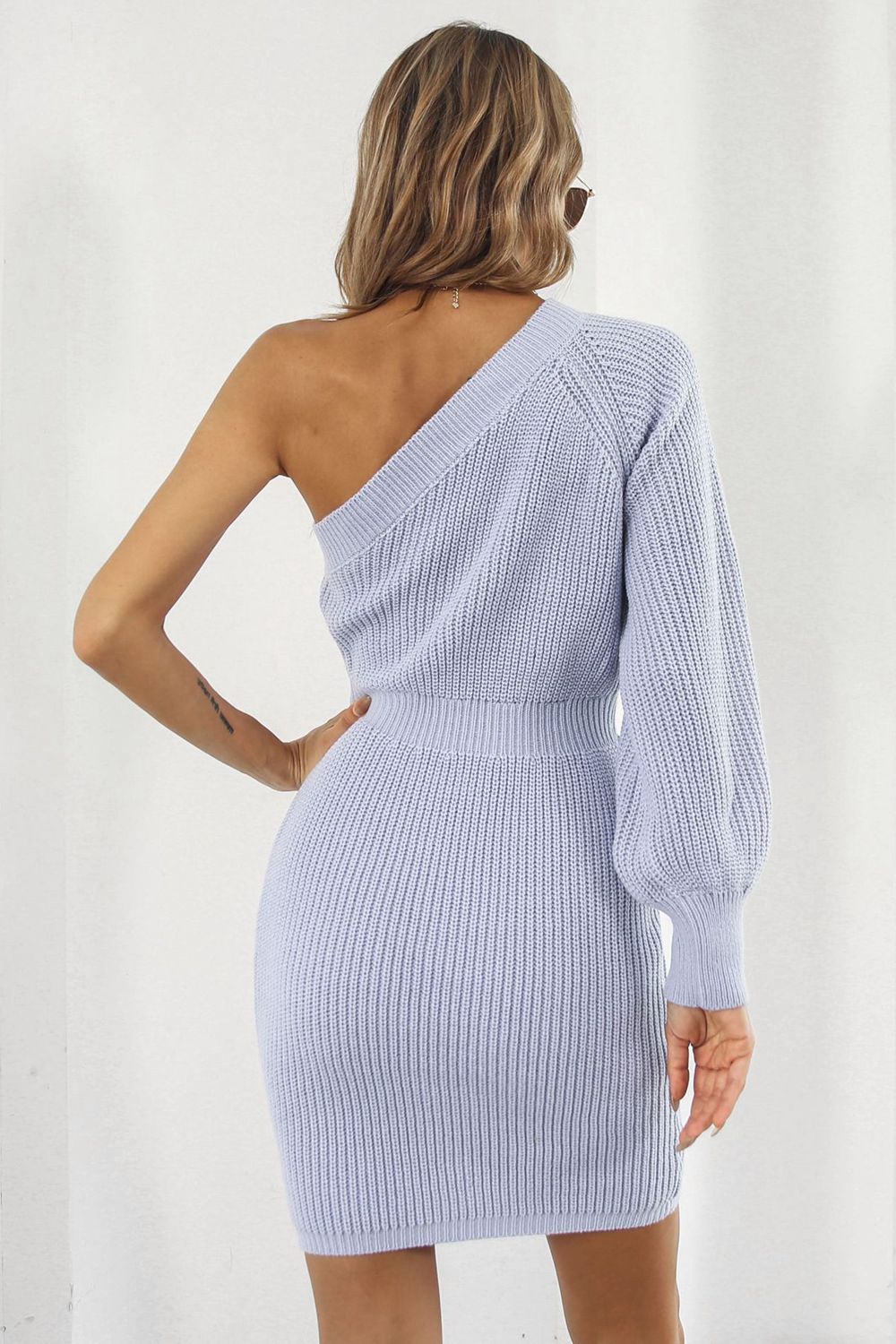 One Shoulder Raglan Sleeve Pencil Sweater Dress -