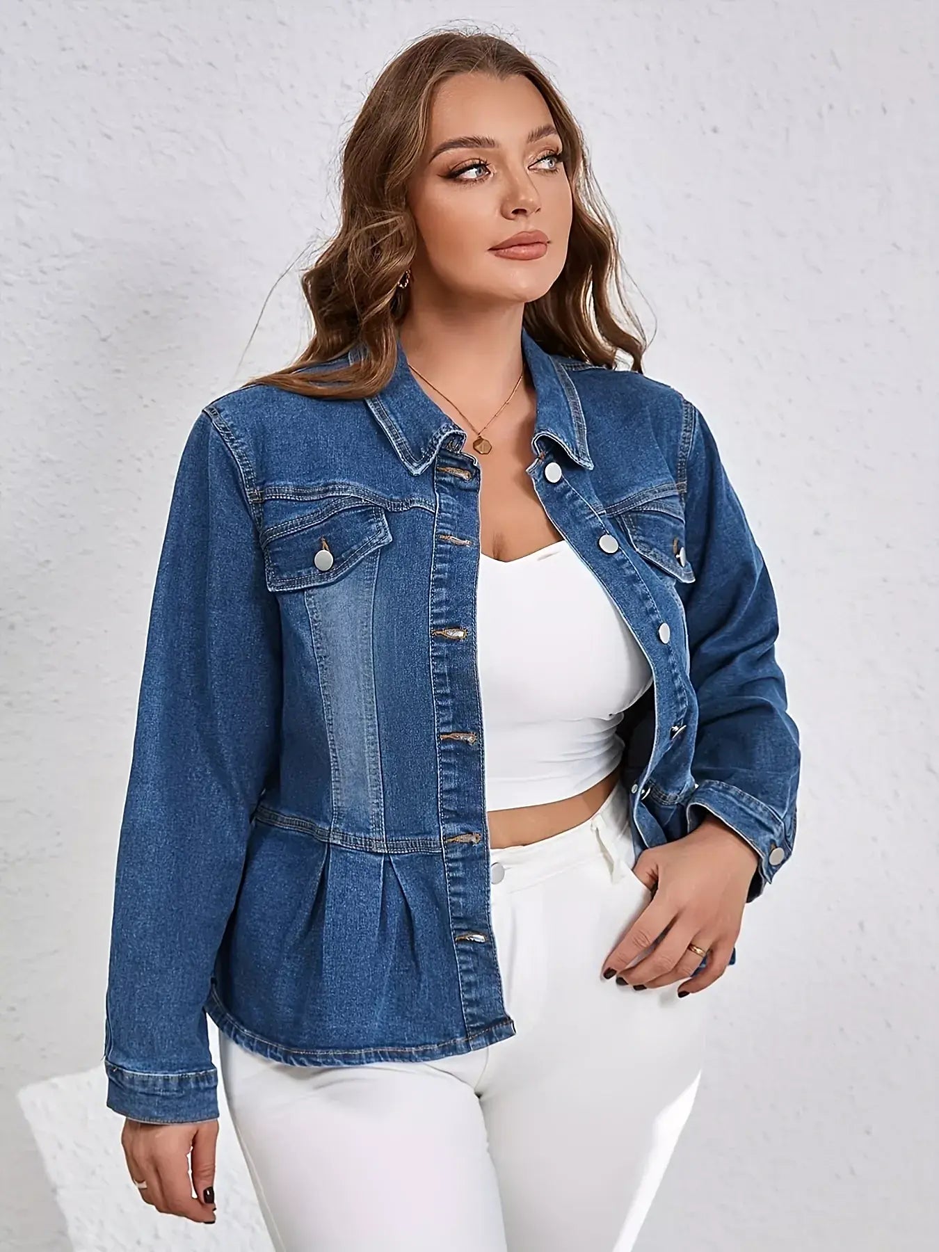 Plus Size Button-Up Peplum Denim Jacket -