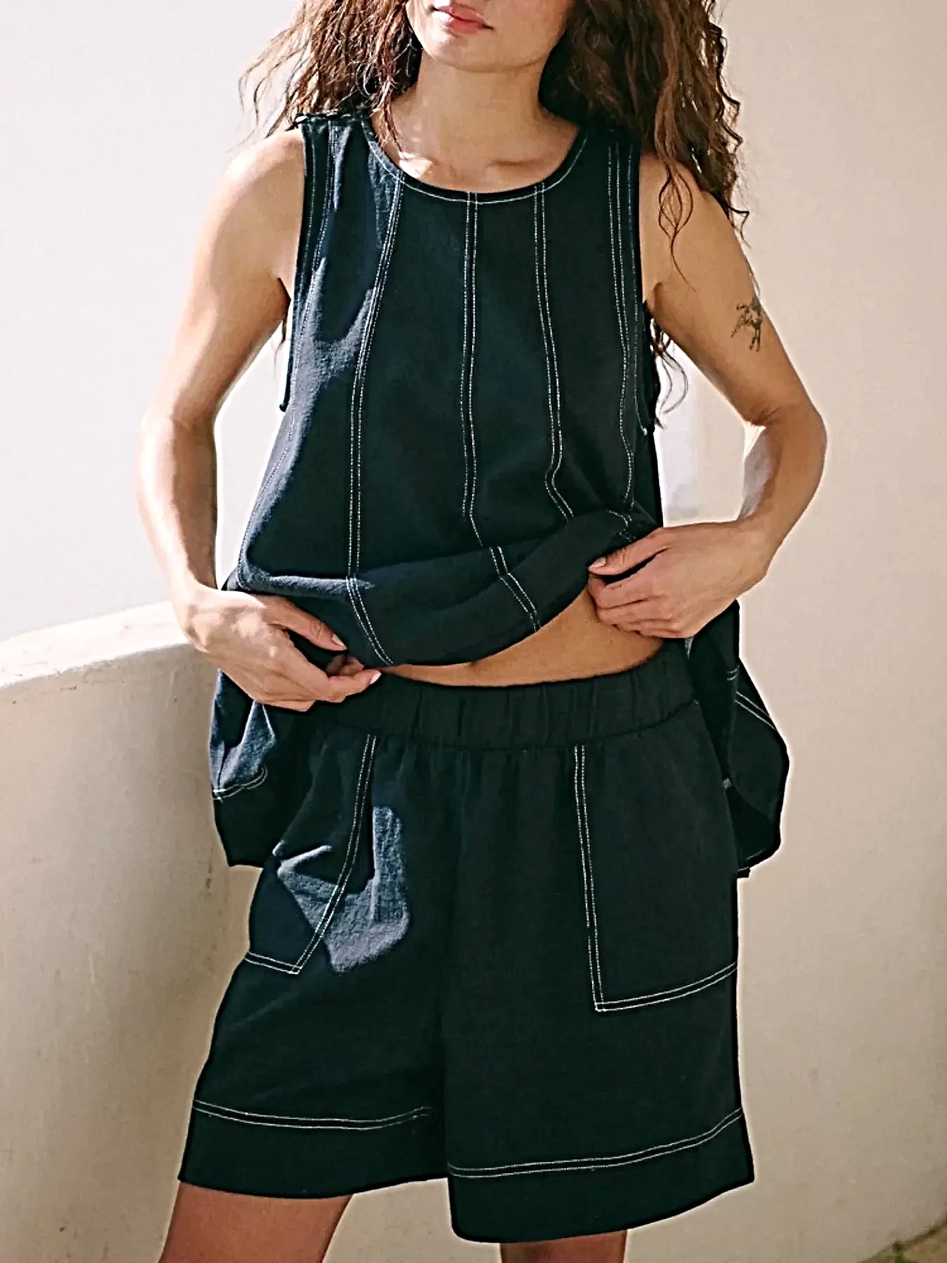Casual Contrast Stitch Denim Tank Top and Shorts Set -