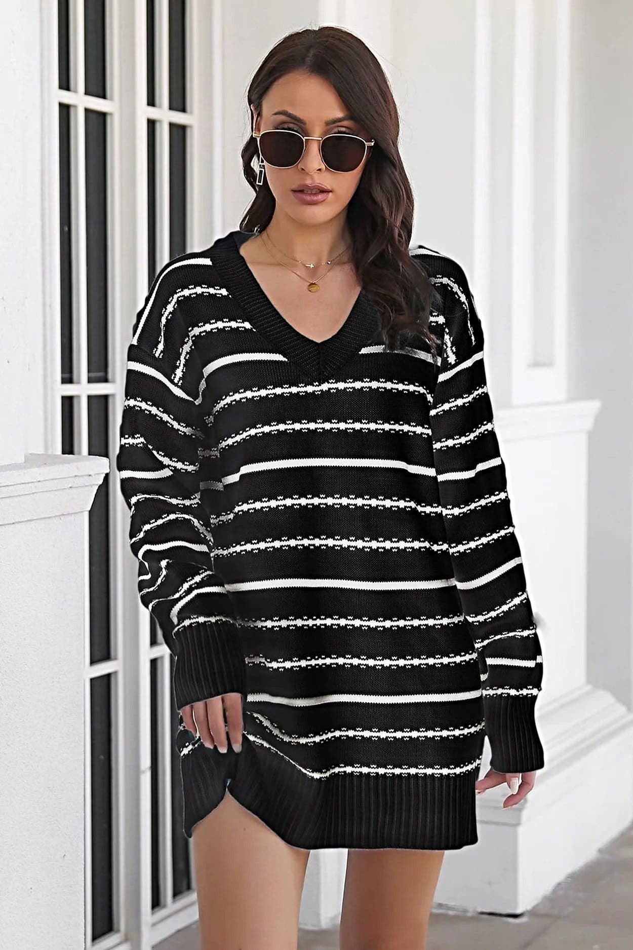 Striped V-Neck Sweater Dress -