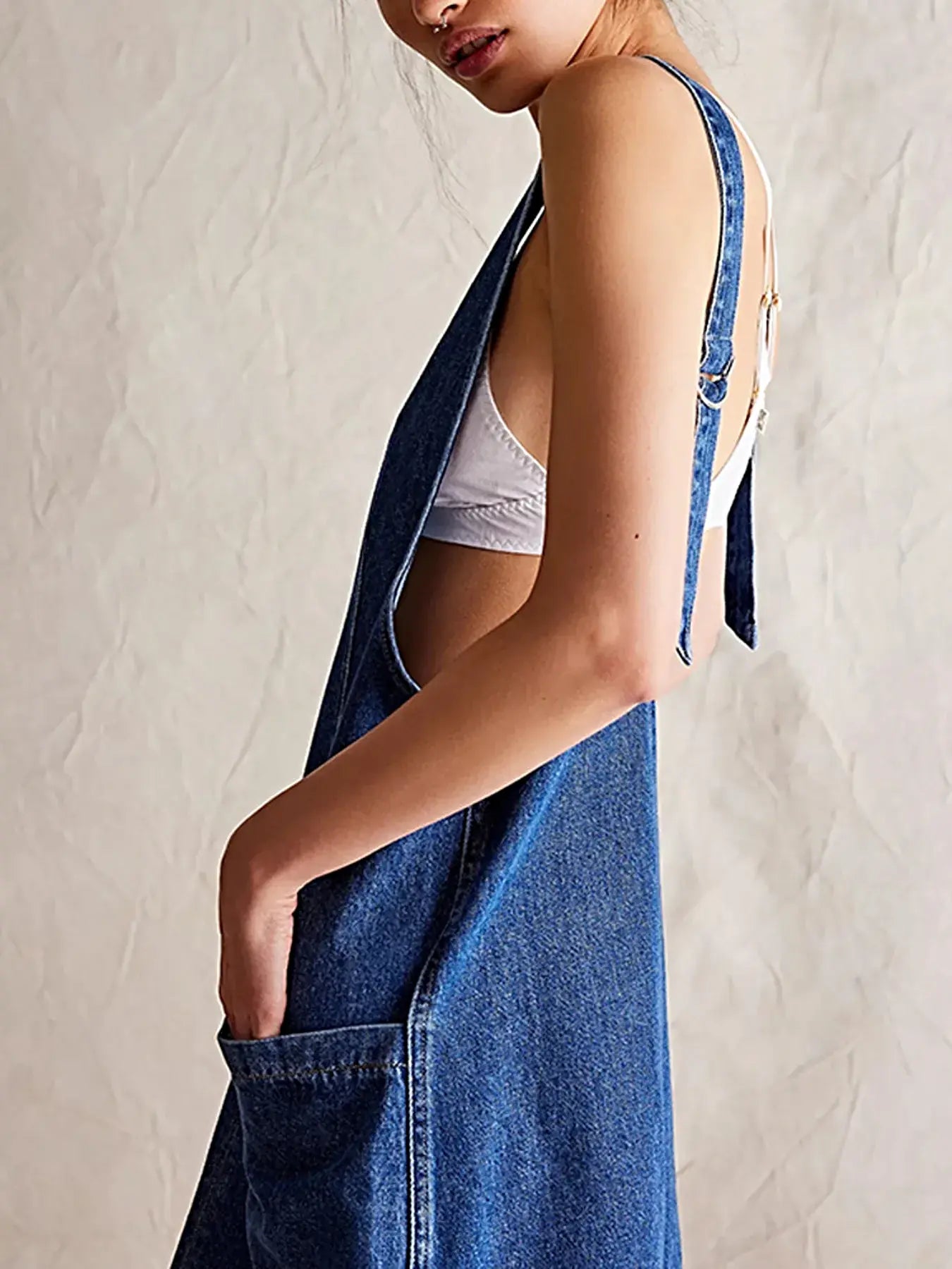 Oversized V-Neck Denim Tank Dress with Front Pockets -