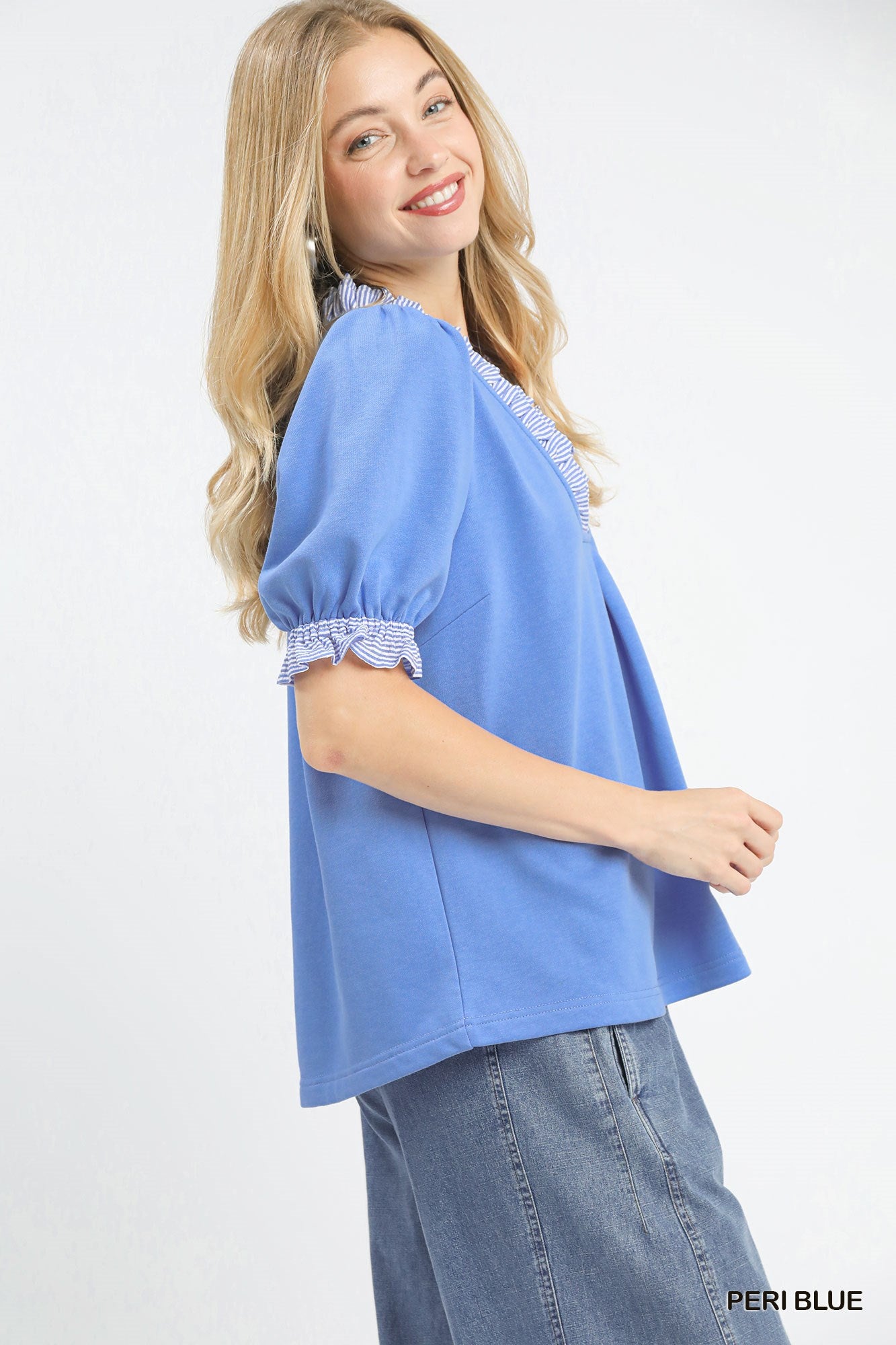 Umgee French Terry Ruffle Trim Puff Sleeve Top -