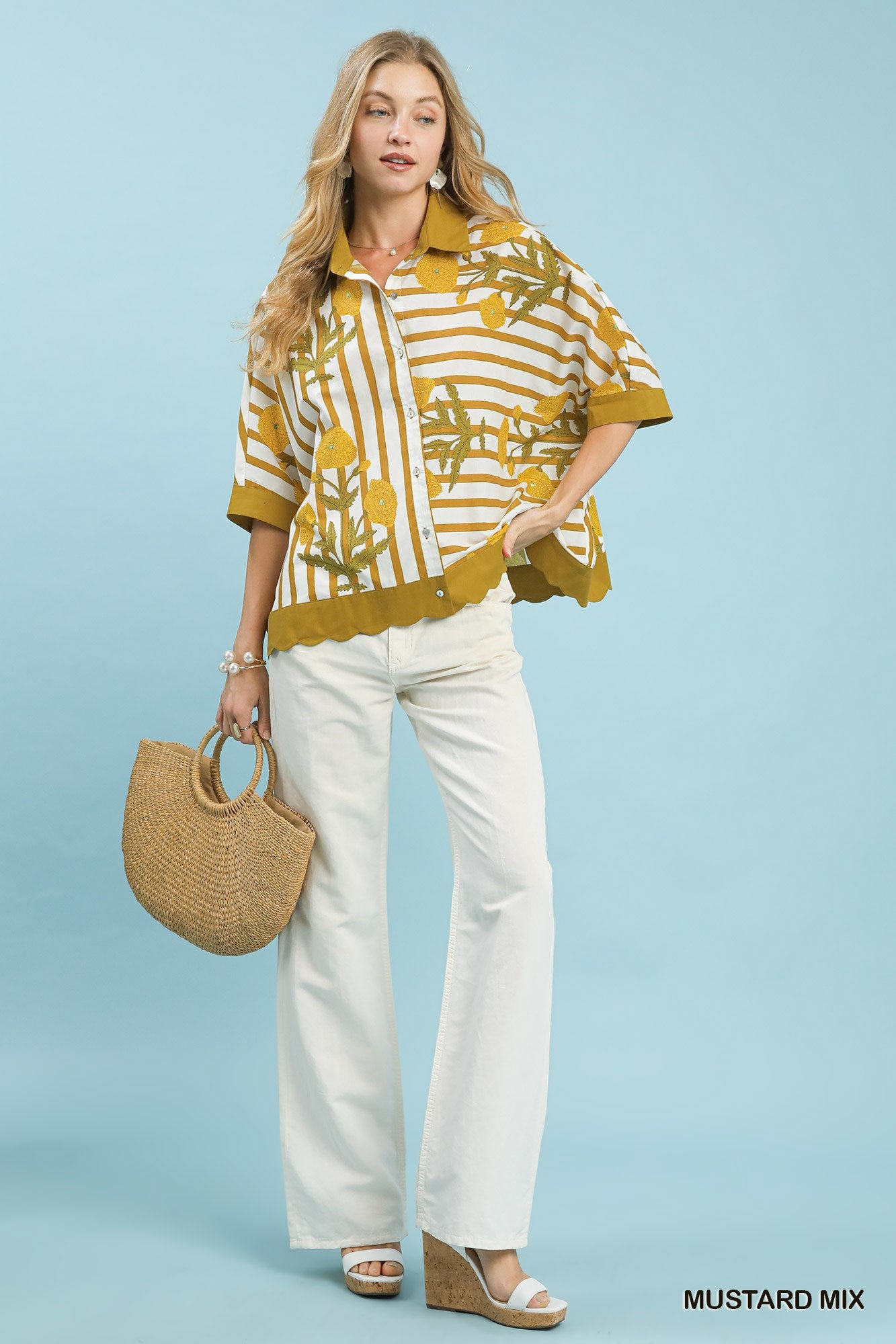Umgee Mix Floral Stripe Button Down Top -