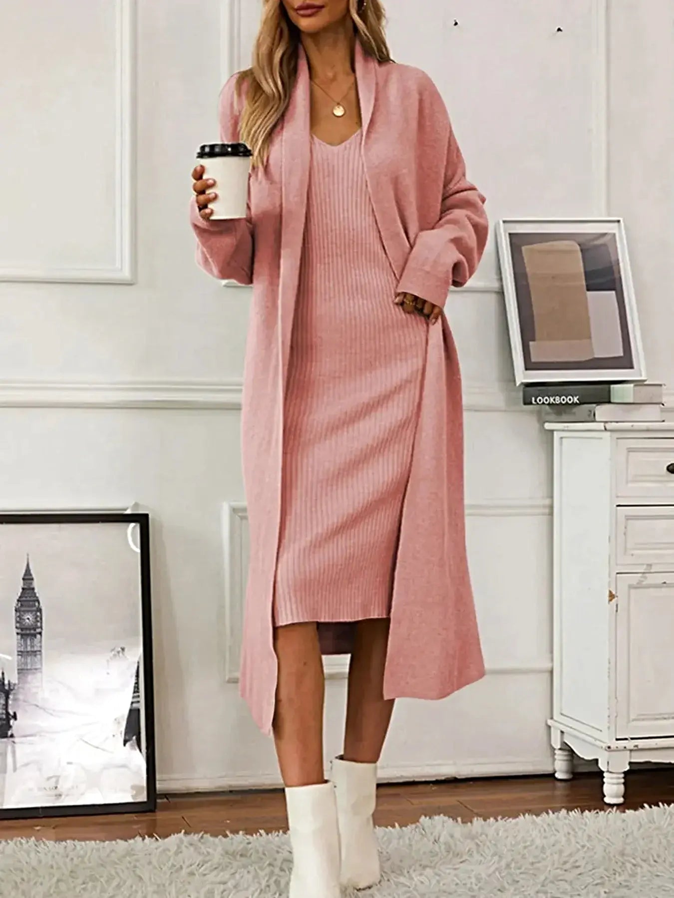 V-Neck Cami Dress and Open Front Cardigan Sweater Set -