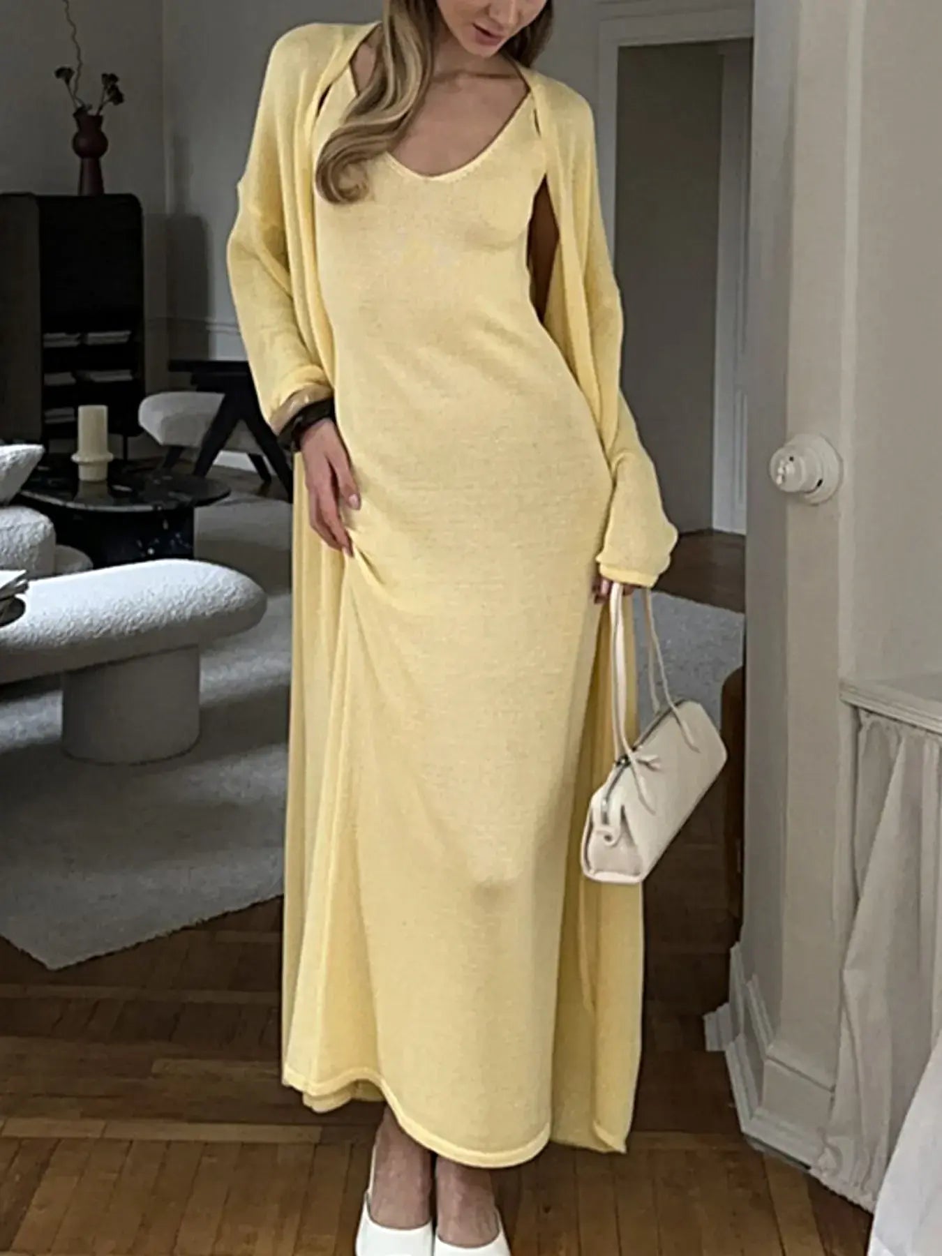 V-Neck Knit Dress and Cardigan Sweater Set -