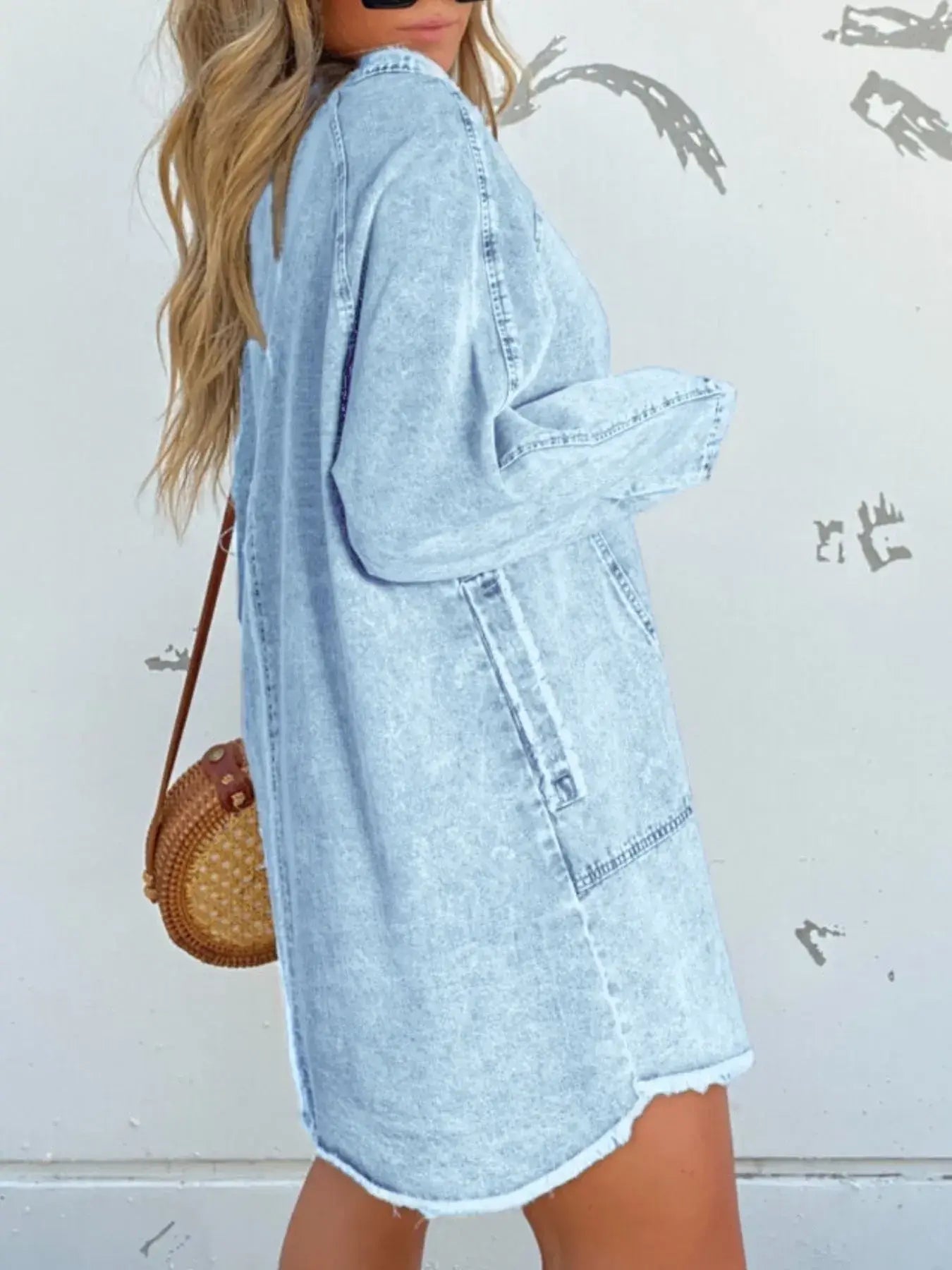 Full Size Button-Front Long Sleeve Denim Shirt Dress Plus Size -