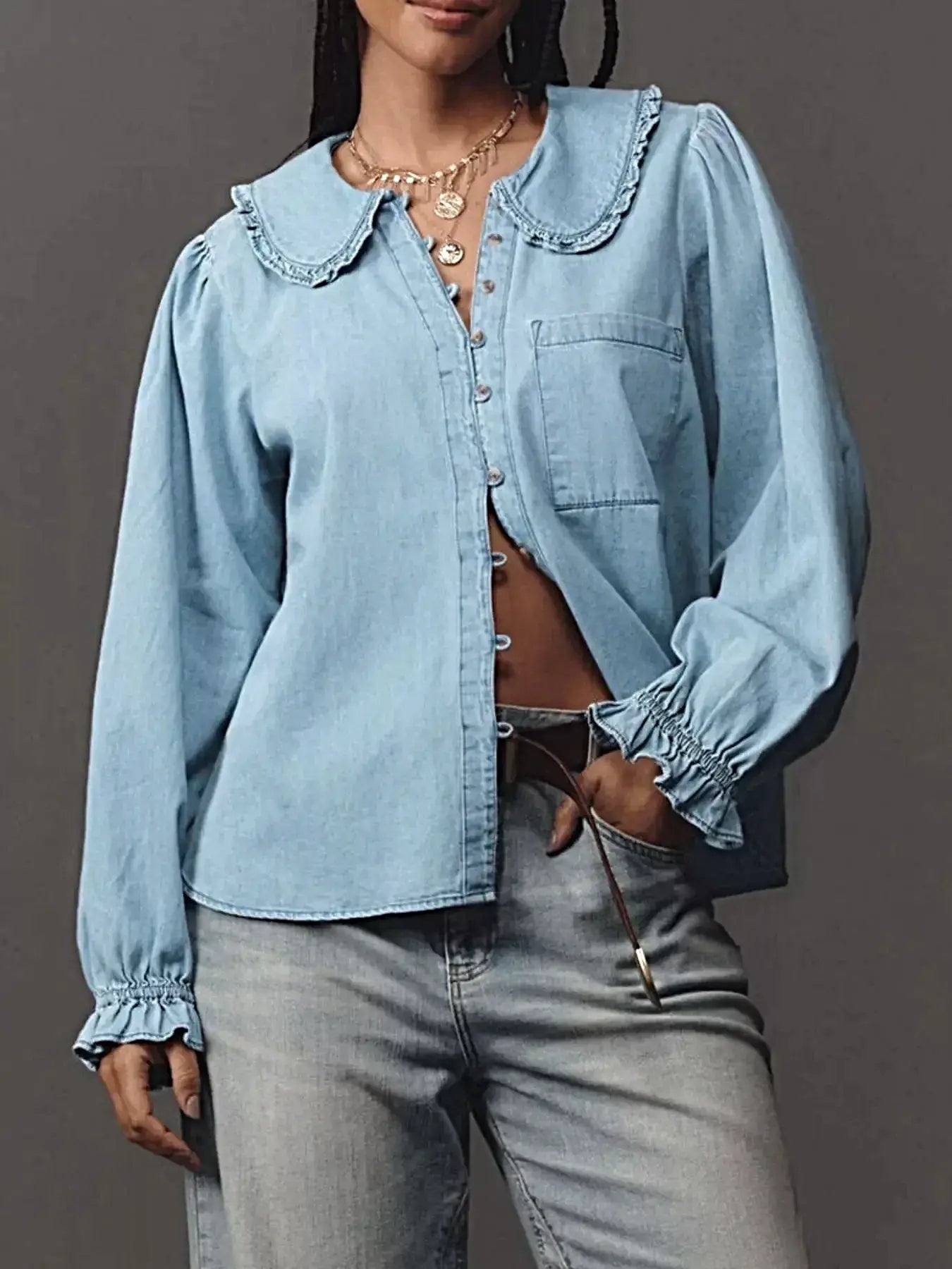 Peter Pan Collar Ruffled Denim Shirt -