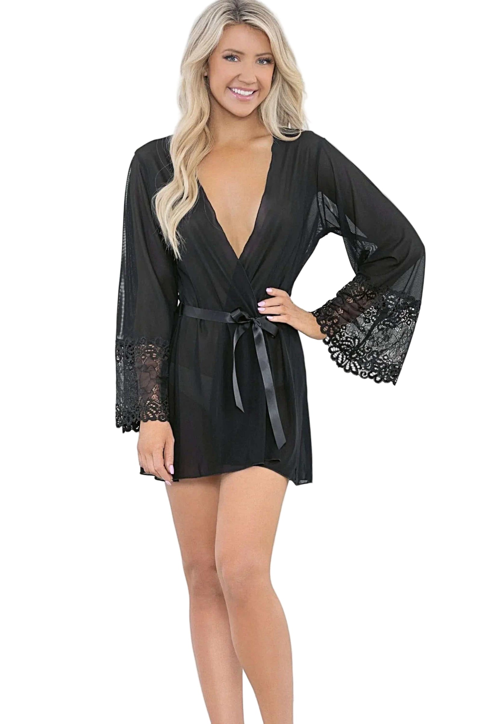 Escante 24603 Floral Lace Trim Robe with Ribbon Belt - Luxurious Mesh Loungewear Escante