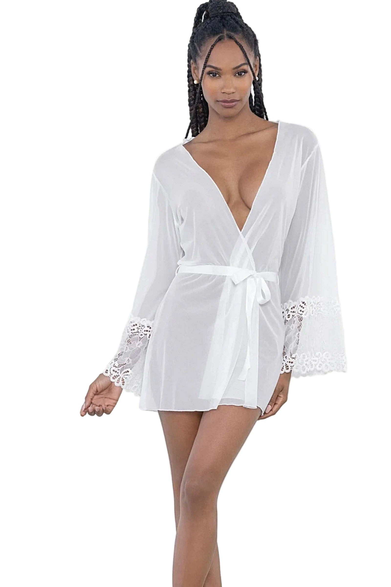 Escante 24603 Floral Lace Trim Robe with Ribbon Belt - Luxurious Mesh Loungewear Escante