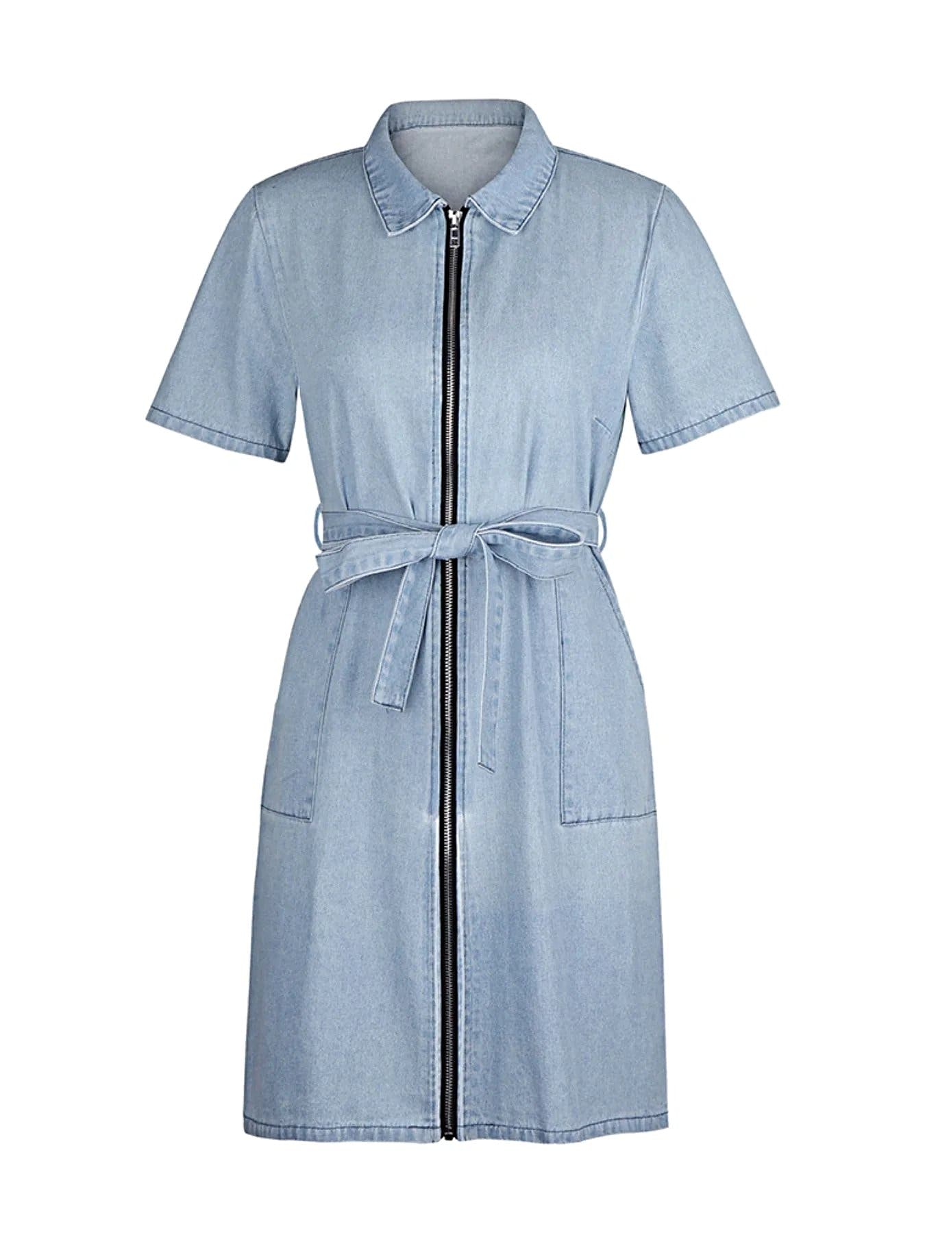 Zip Front Short Sleeve Denim Dress -
