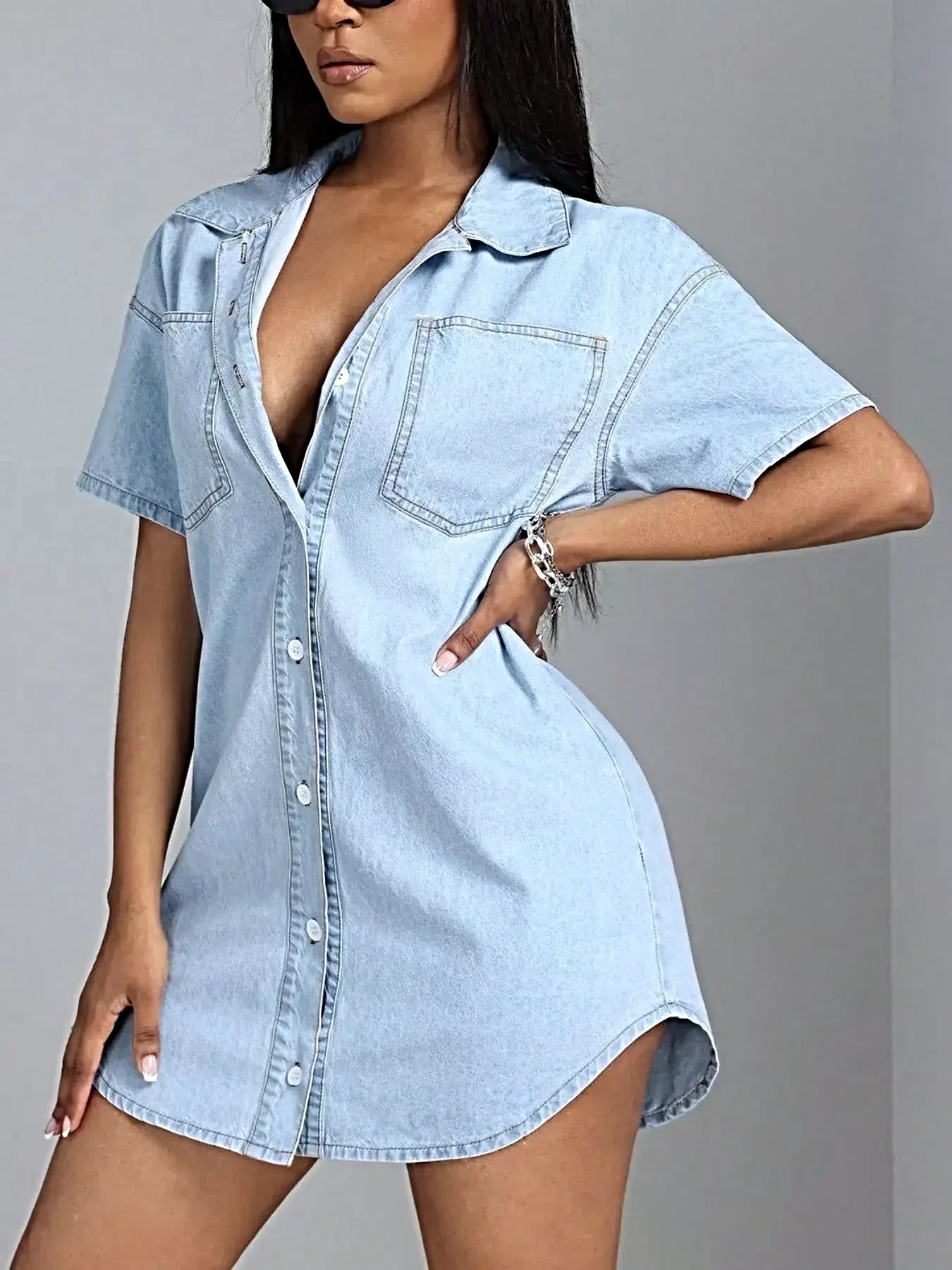 Button-Down Short Sleeve Denim Dress -