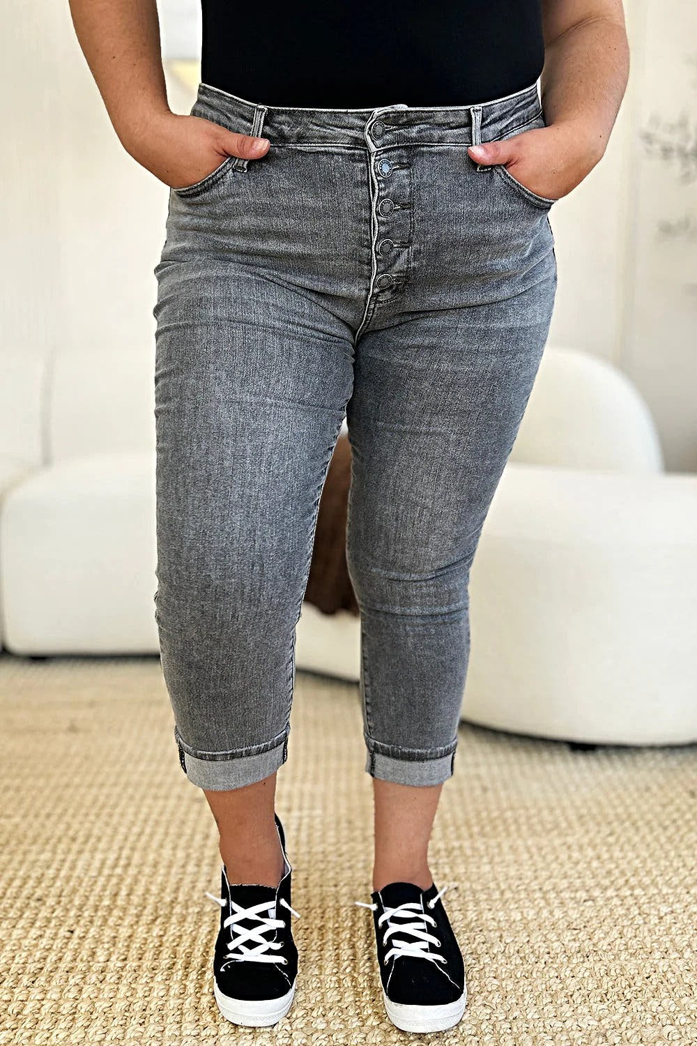 Judy Blue Full Size Button Fly High Waist Cuffed Capris -