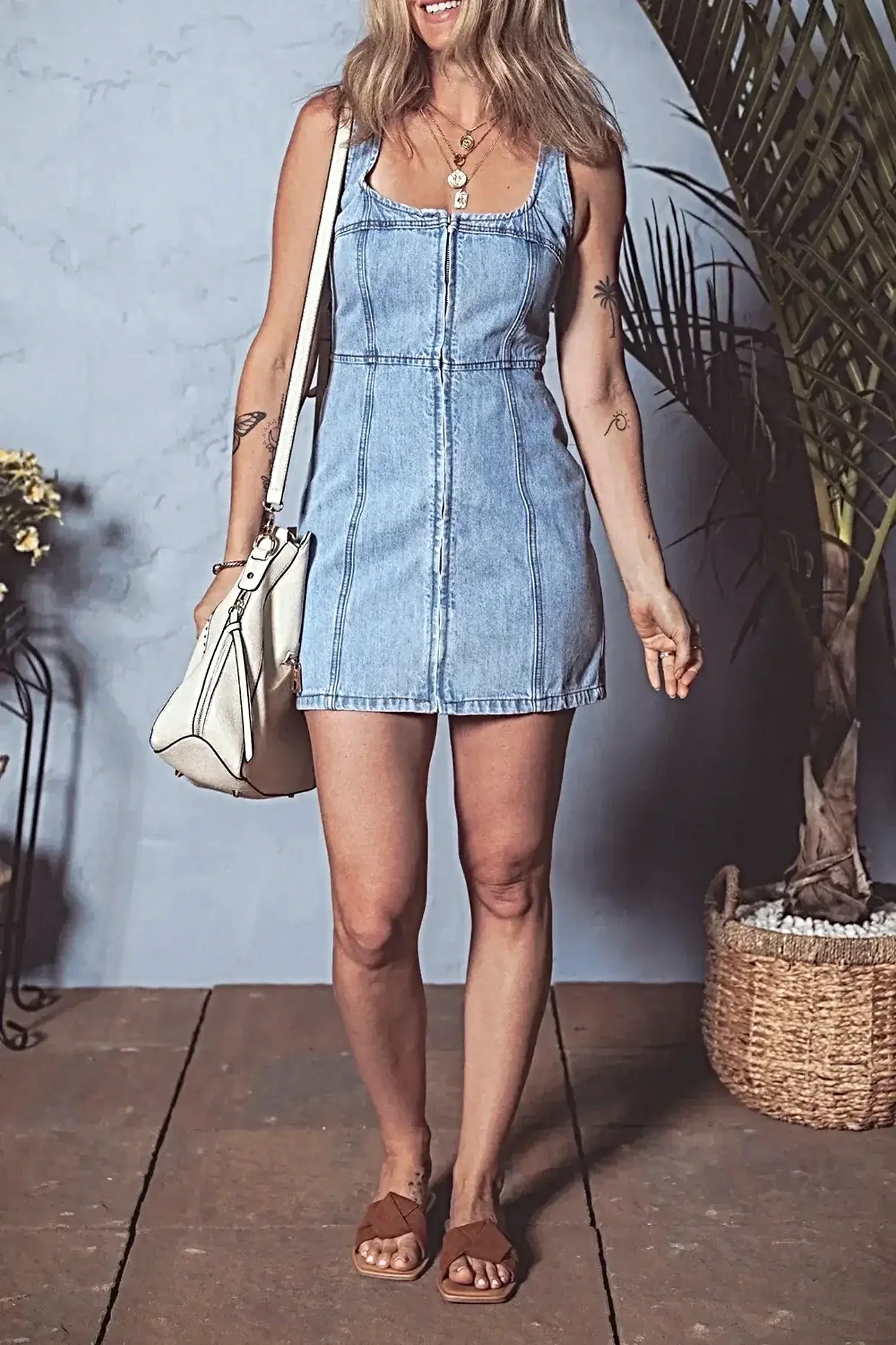 Elegant Square Neck Wide Strap Denim Dress for Women - Classic Style with Zipper Closure -
