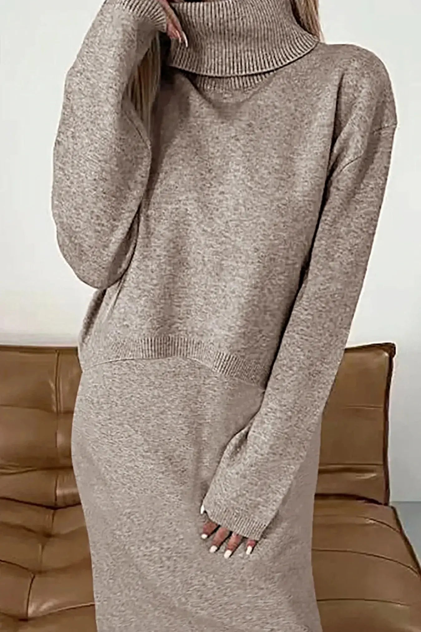 Turtleneck Dropped Shoulder Sweater and Dress Sweater Set -