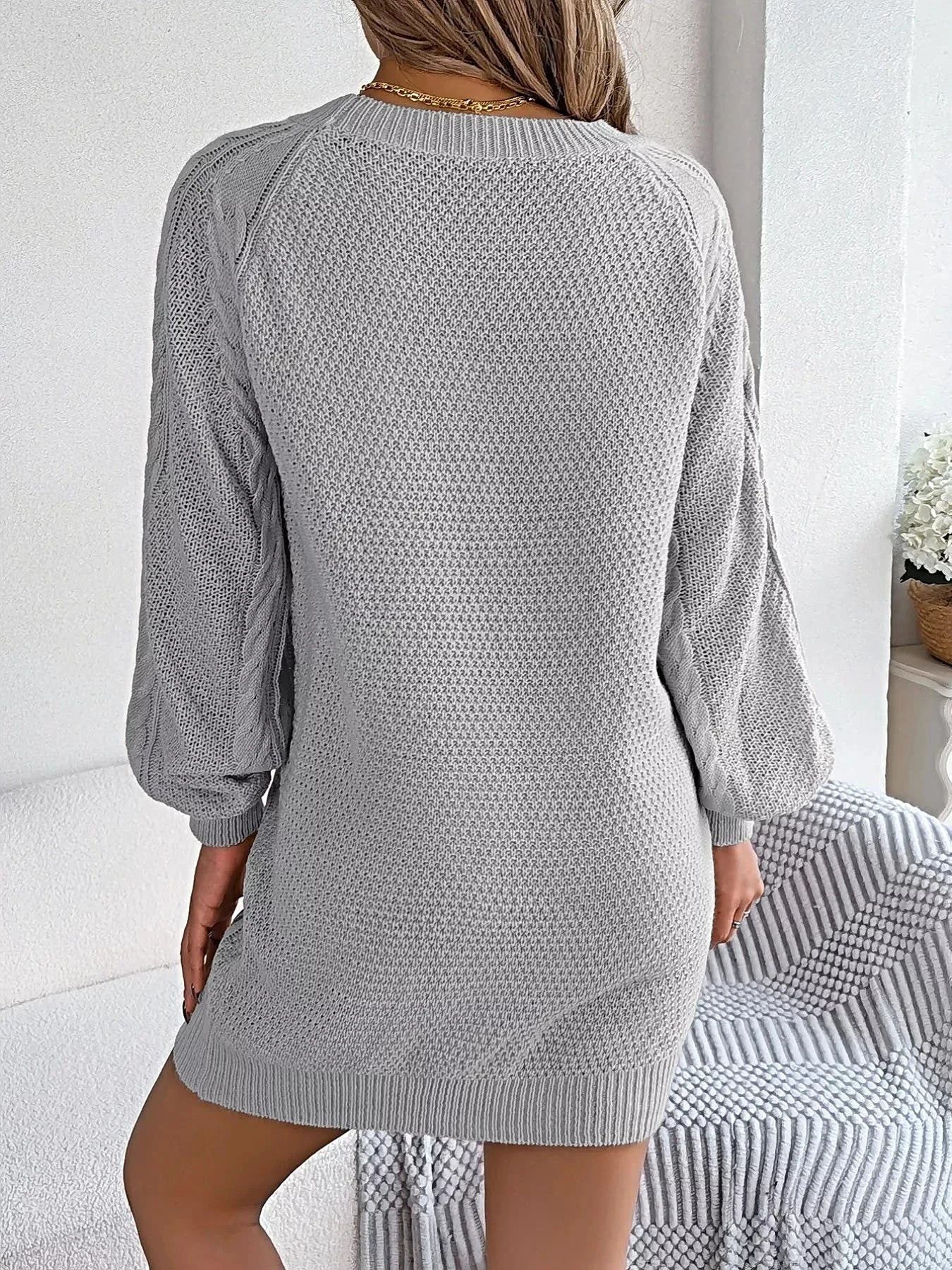 Diamond Cable Knit Sweater Dress with Long Sleeves -