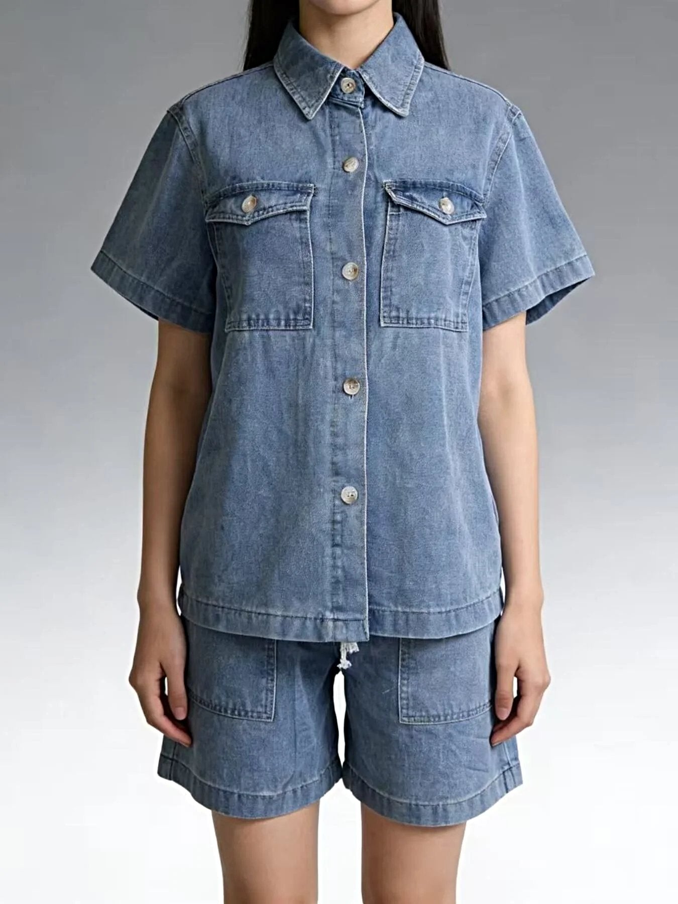 Button Up Short Sleeve Top and Shorts Denim Set -