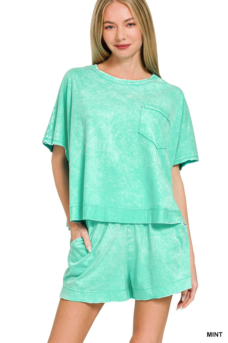 Zenana Acid Washed Oversized Top & Shorts Set -