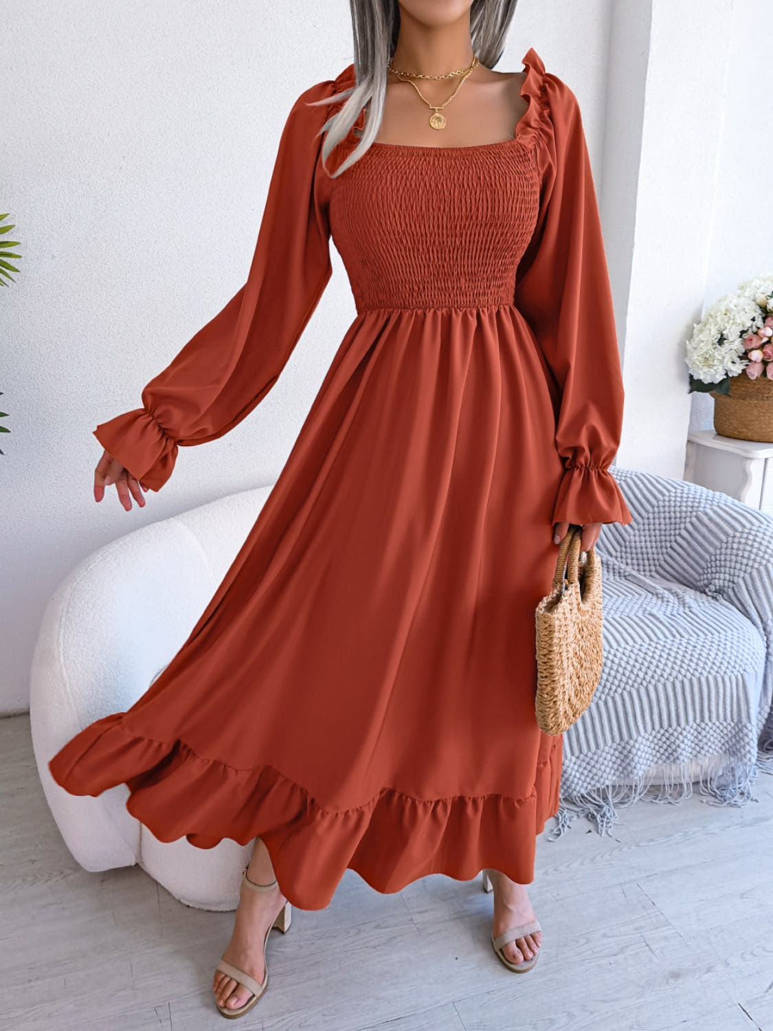 Smocked Square Neck Flounce Sleeve Dress -