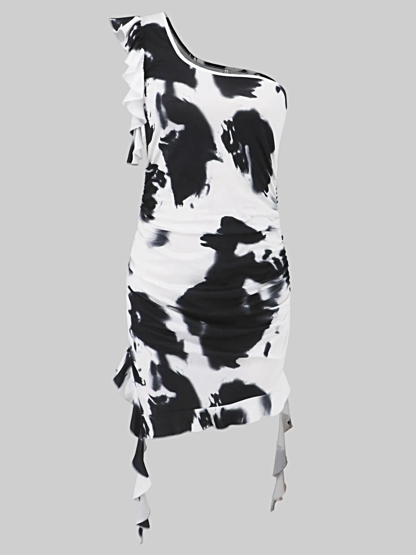 Ruffled Tie-Dye Single Shoulder Mini Dress -