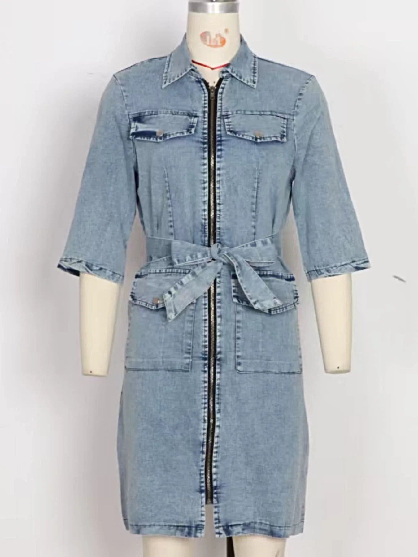 Zipper Front Short Sleeve Denim Dress -