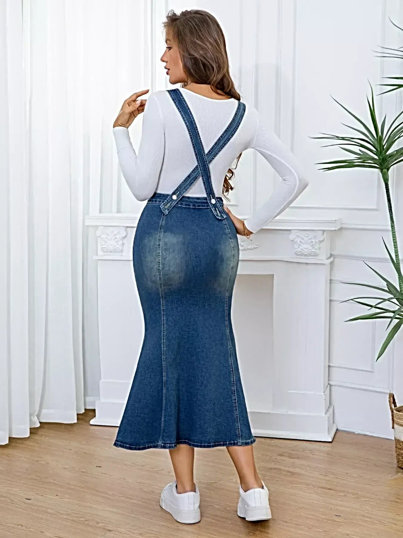 Front-Button Adjustable Fishtail Sleeveless Denim Overall Dress -
