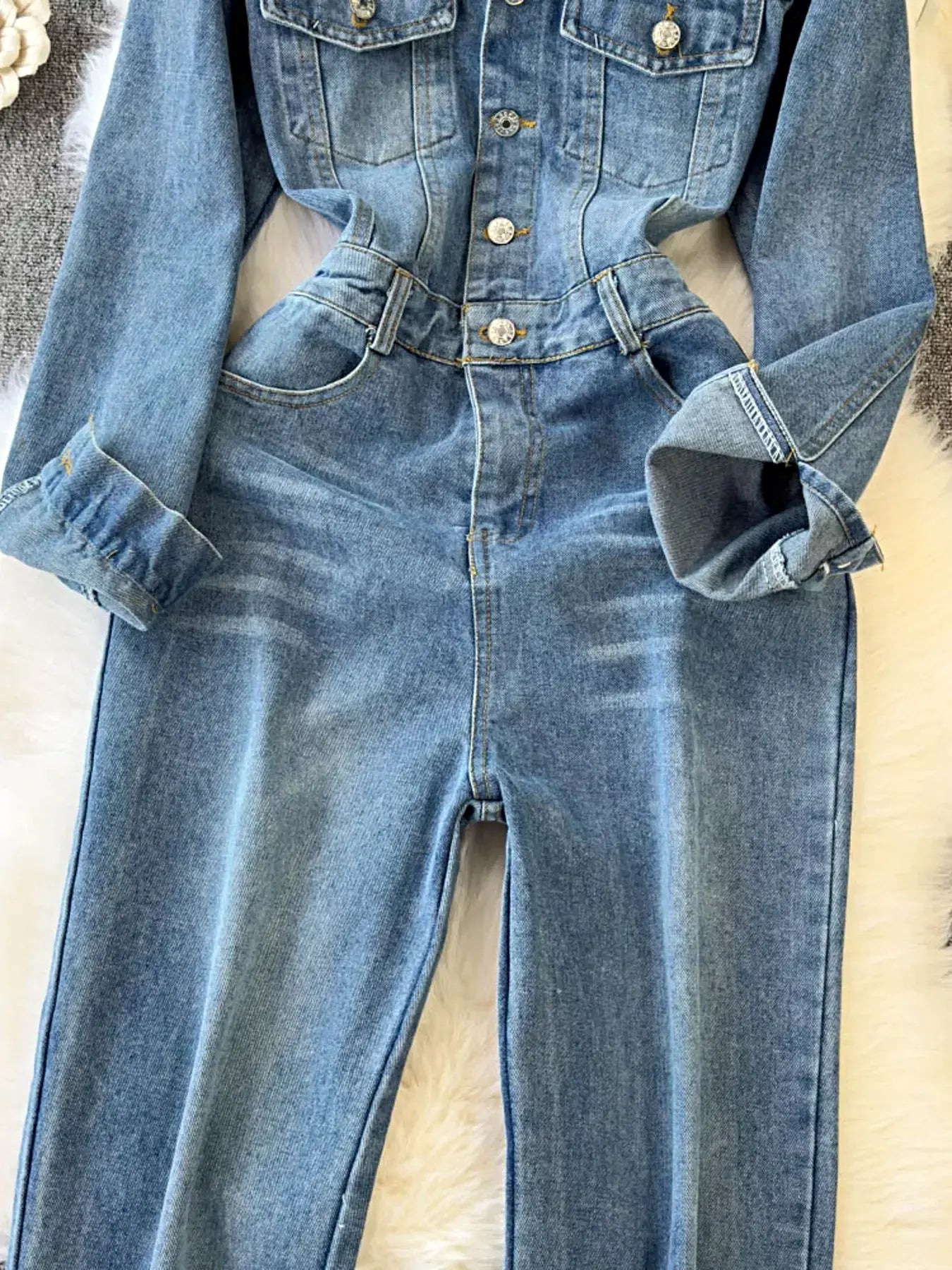 Button Front Wide Leg Denim Jumpsuit -