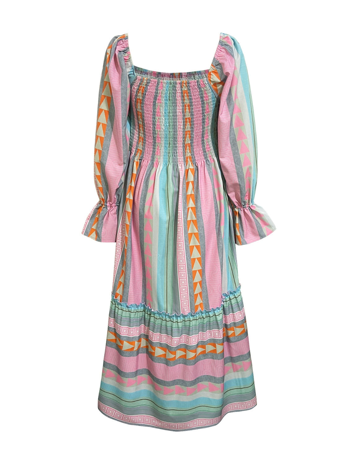 Ruffled Striped Long Sleeve Dress -