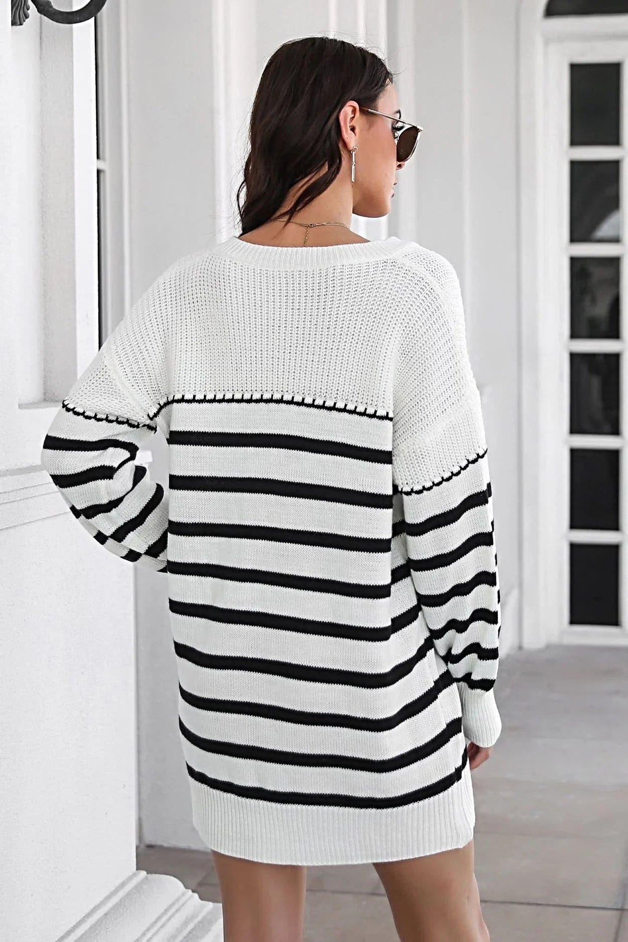 Striped V-Neck Drop Shulder Sweater Dress -