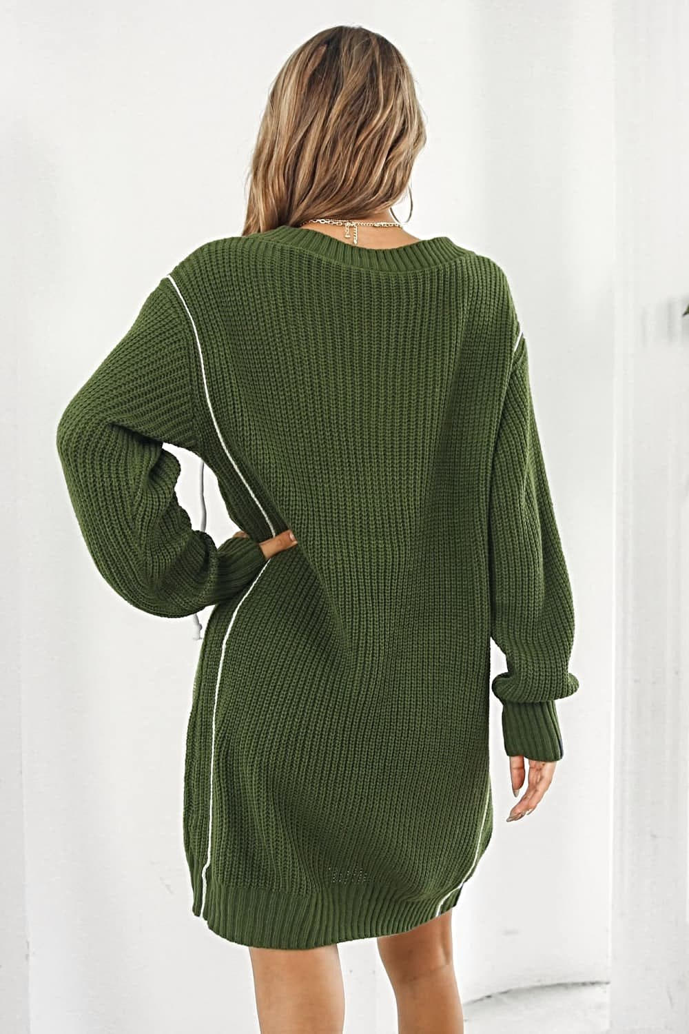 Elegant V-Neck Sweater Dress with Ribbed Long Sleeves - Casual Mini Length in 100% Acrylic Trendsi