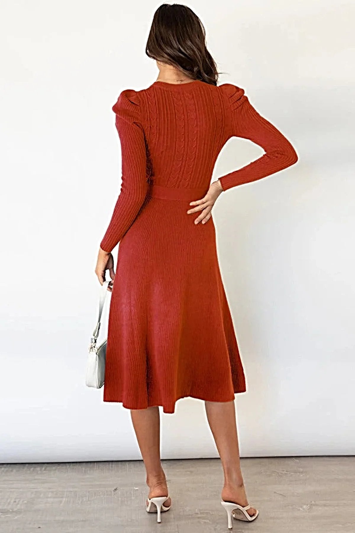 S-2XL • Tie Waist Sweater Dress • Round Neck, Long Sleeves • Stretchy Opaque Fabric -
