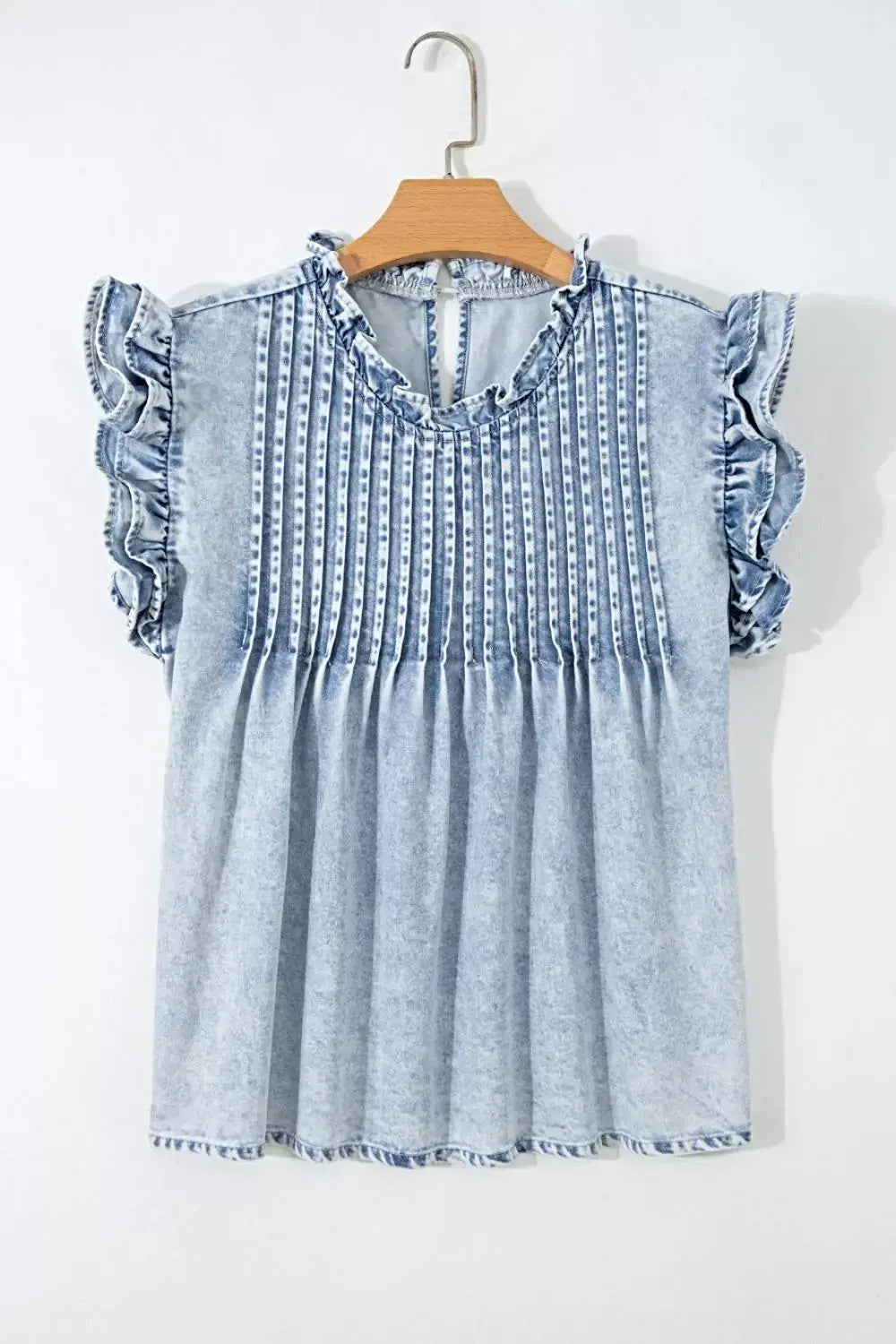 Ruffle Pleated Detail Vintage Washed Denim Top -
