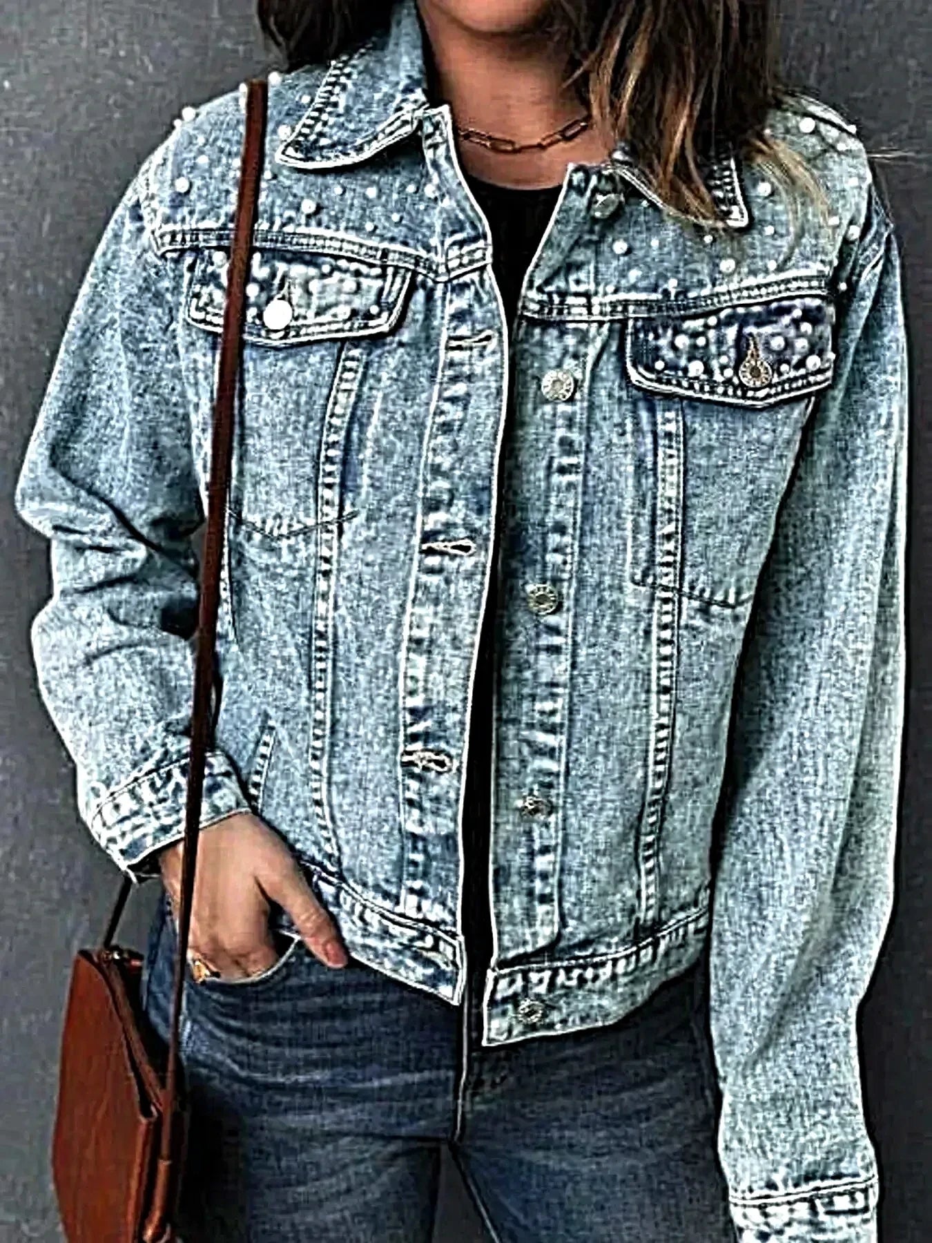 Full Size Pearl Detail Button Up Long Sleeve Denim Jacket Plus Size -
