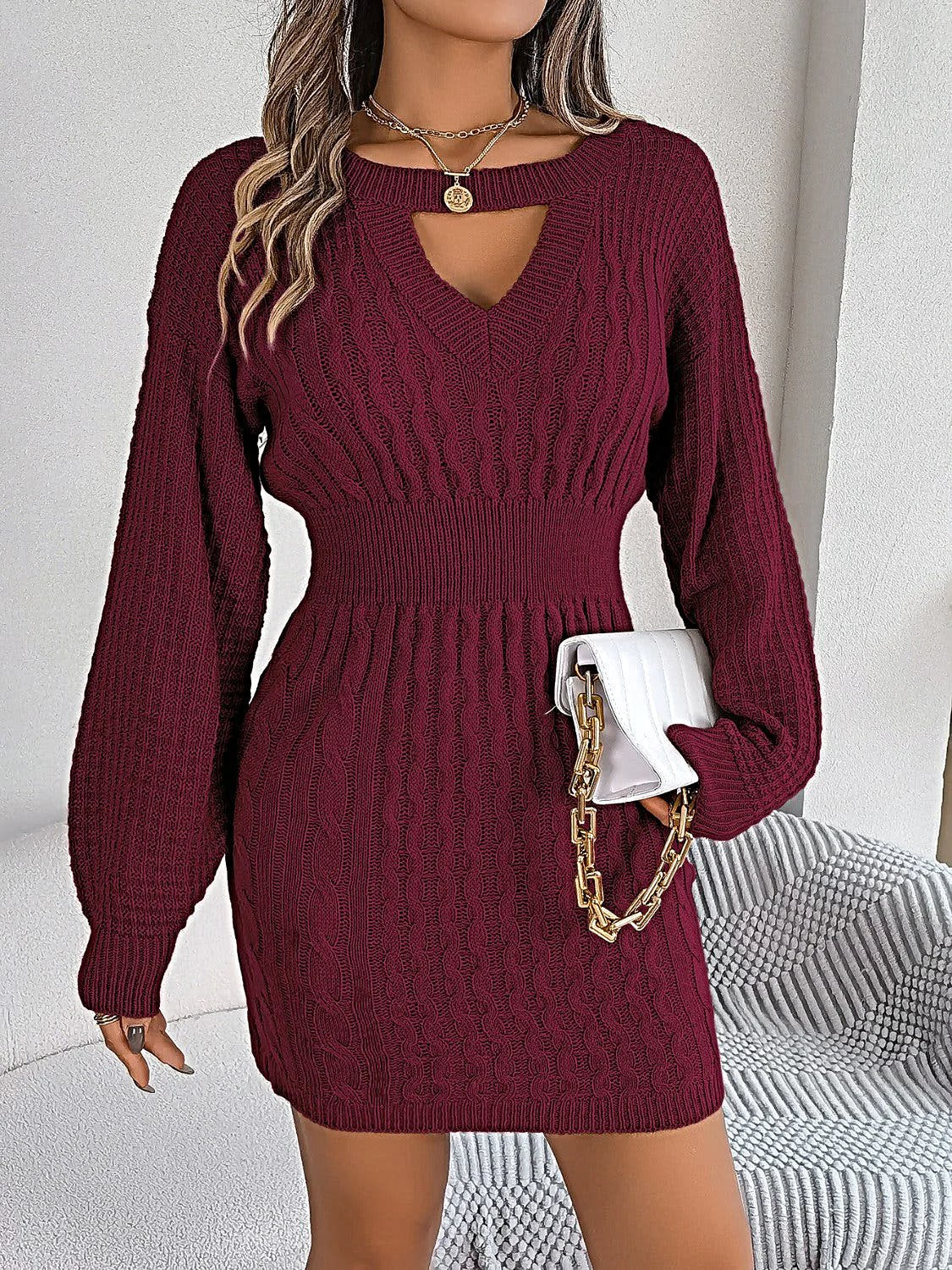 Luxurious Cable Knit Sweater Dress With Cutout Design, Round Neck & Slit Detail Trendsi