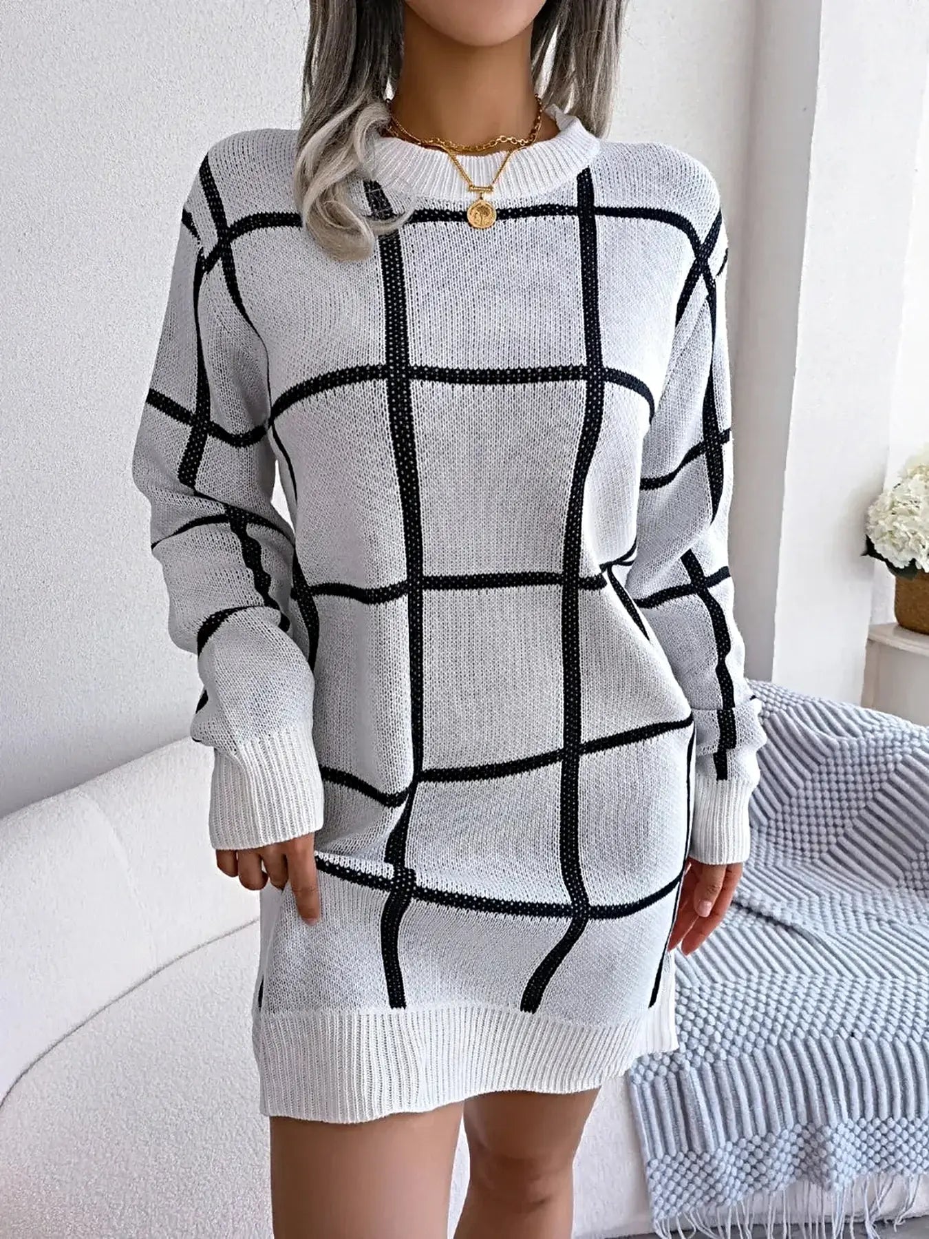 Plaid Round Neck Dropped Shoulder Sweater Dress -