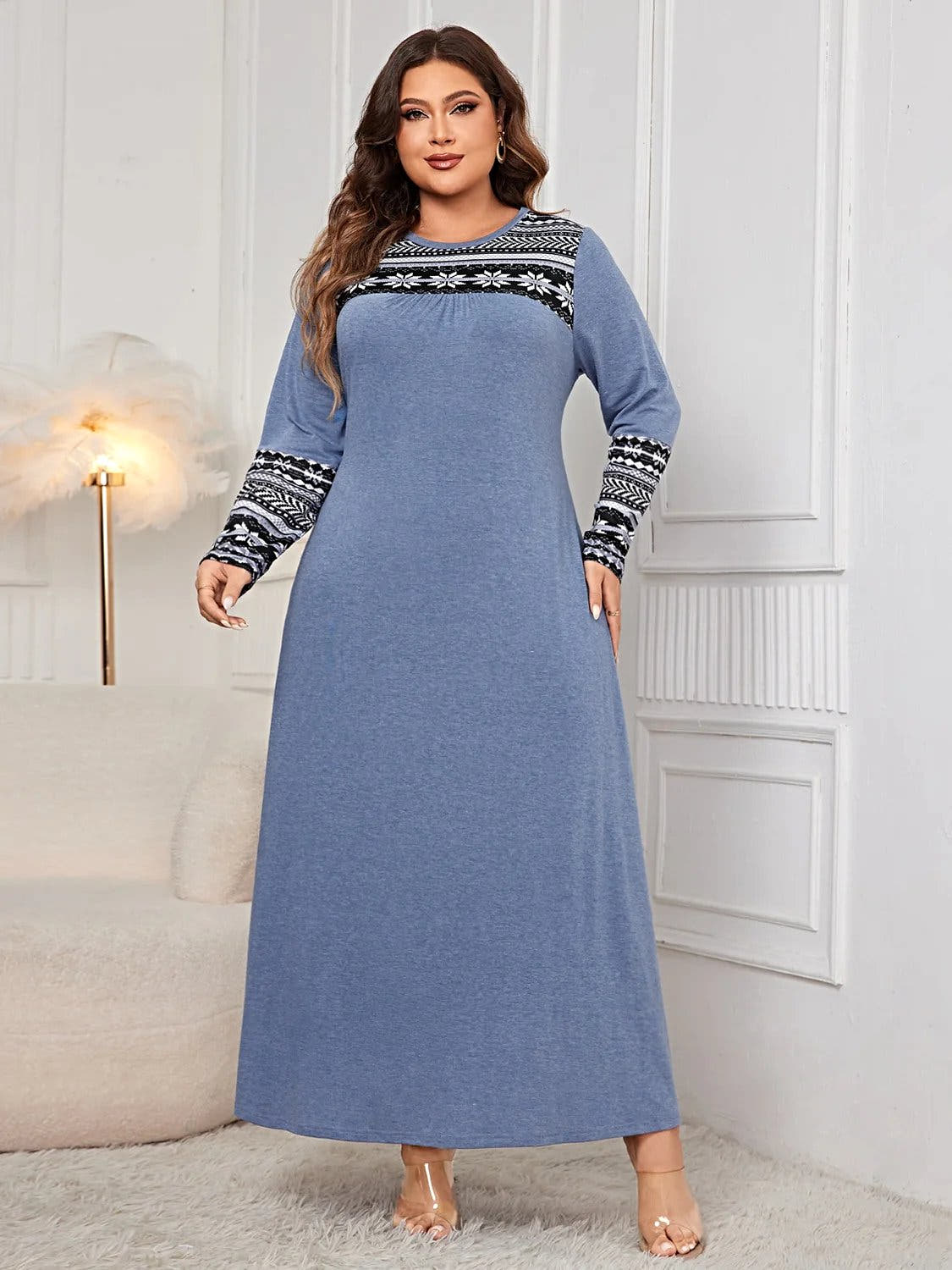 Honey Plus Size Long Sleeve Dress - Printed Round Neck Opaque Material, Slightly Stretchy, Elegant Fit Trendsi