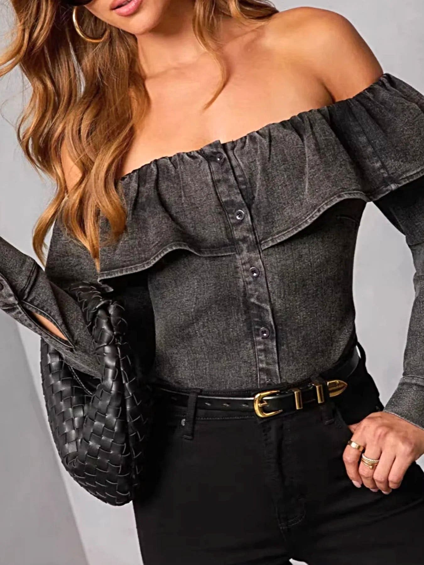 Off-Shoulder Ruffled Denim Top -