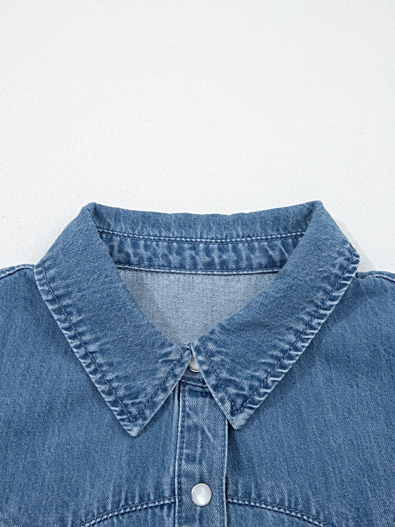 Ruffled Short Sleeve Denim Shirt -