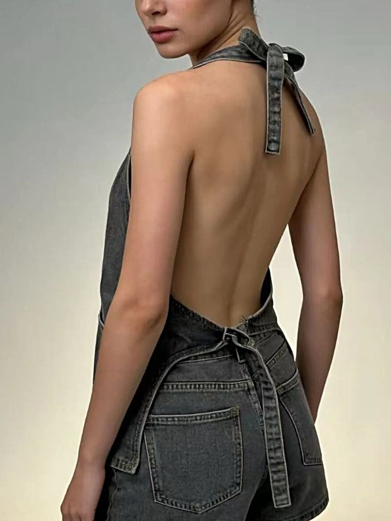 Halter Neck Button-Down Denim Vest -