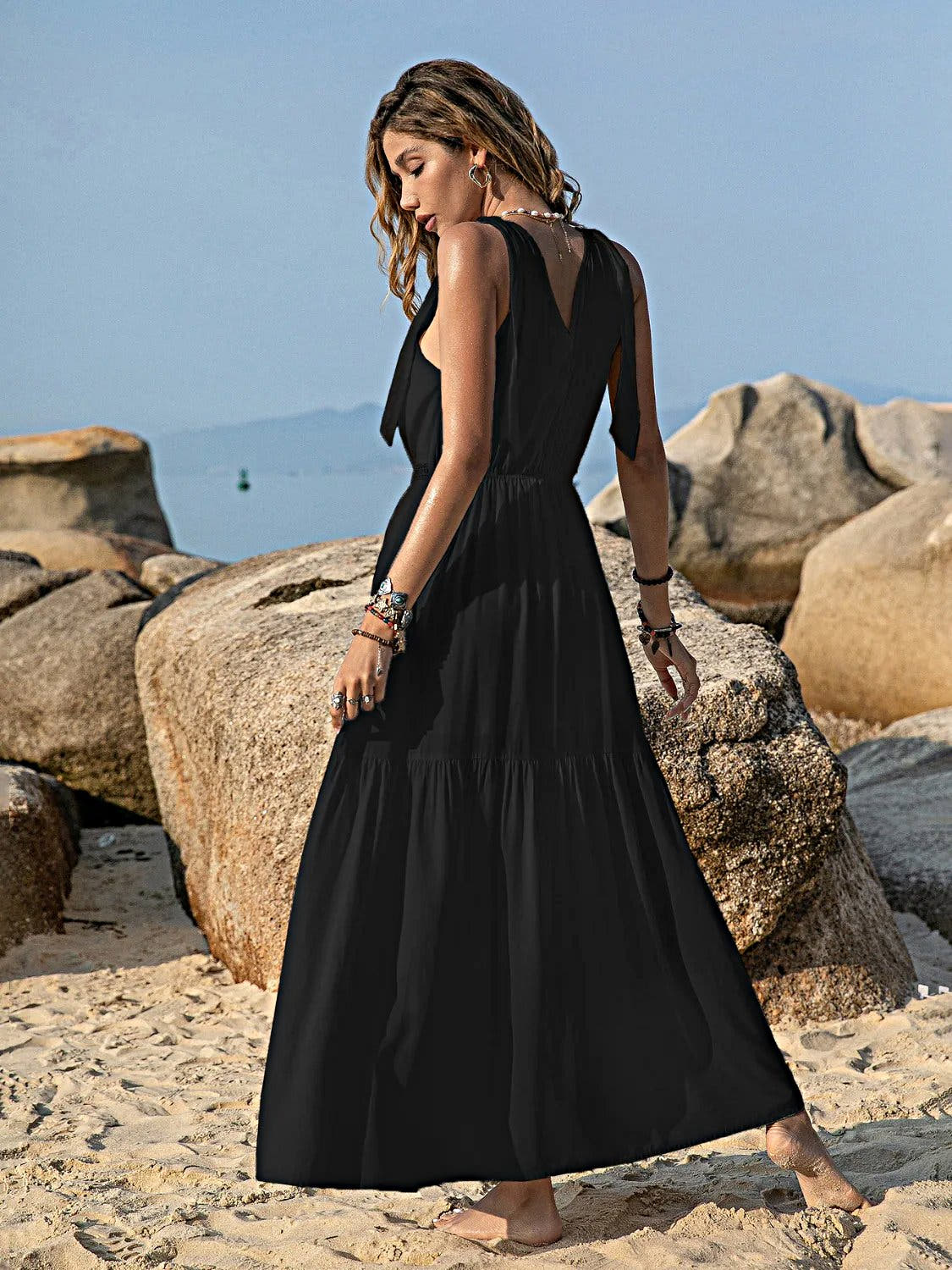 V-Neck Tie Shoulder Crochet Maxi Dress -