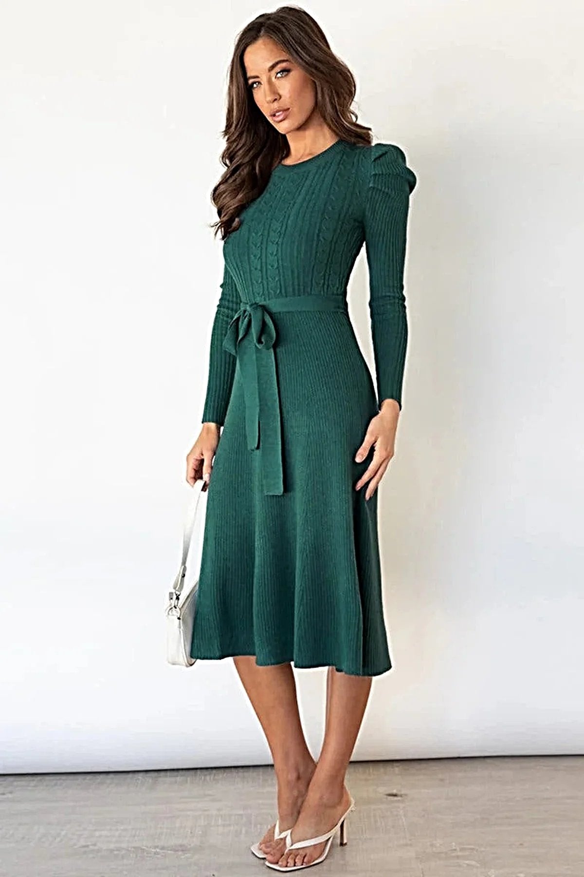 S-2XL • Tie Waist Sweater Dress • Round Neck, Long Sleeves • Stretchy Opaque Fabric -