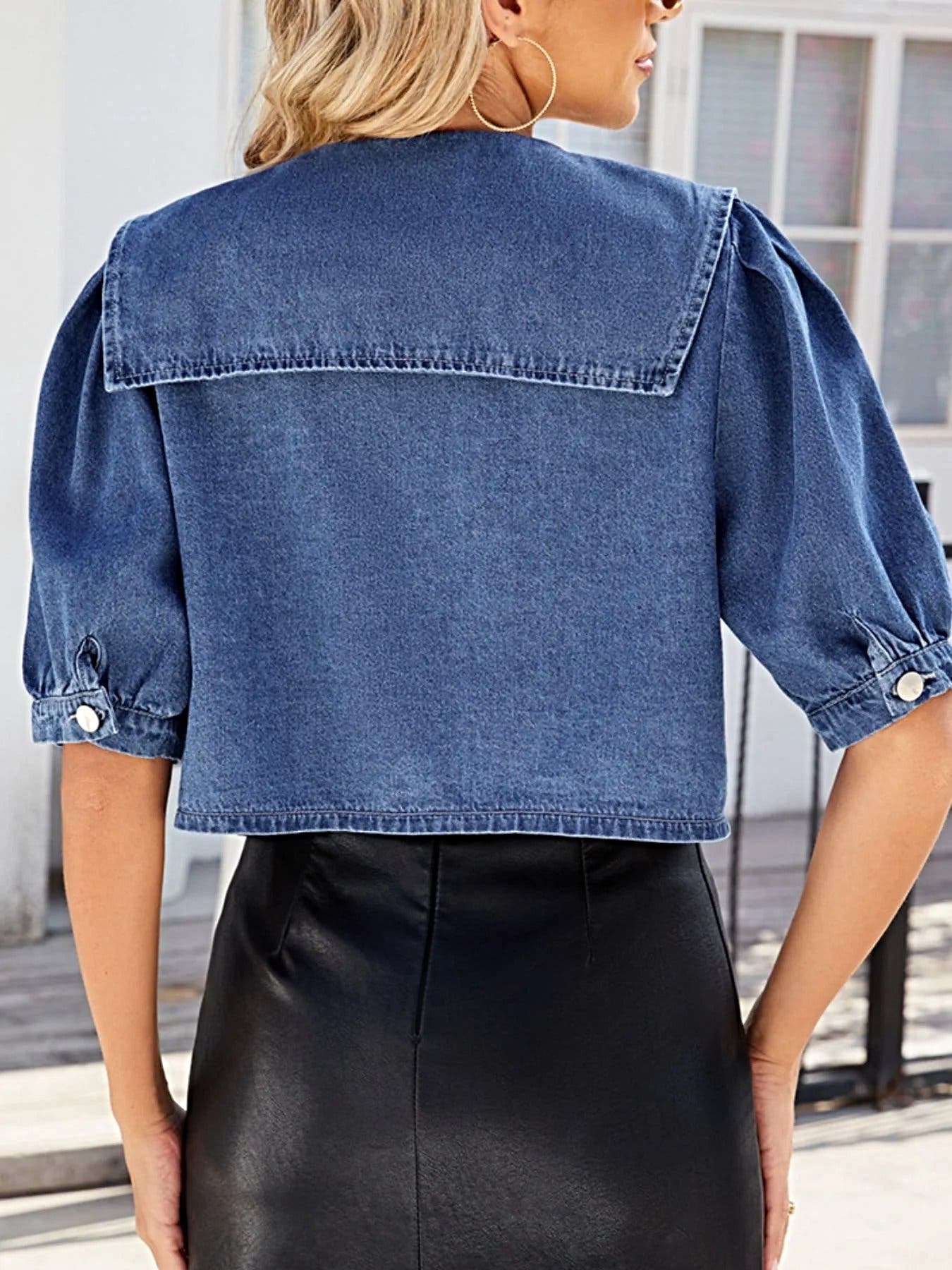 Button Up Puff Sleeve Denim Top -