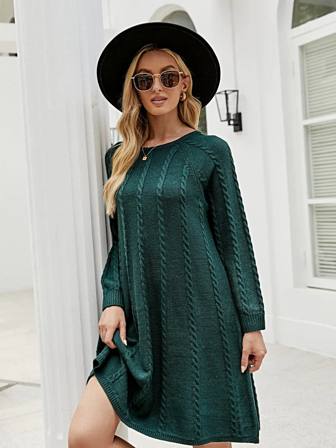 Cable Knit Sweater Dress for Women - Soft Acrylic, Slightly Stretchy, Long Sleeve - Trendy Style Trendsi